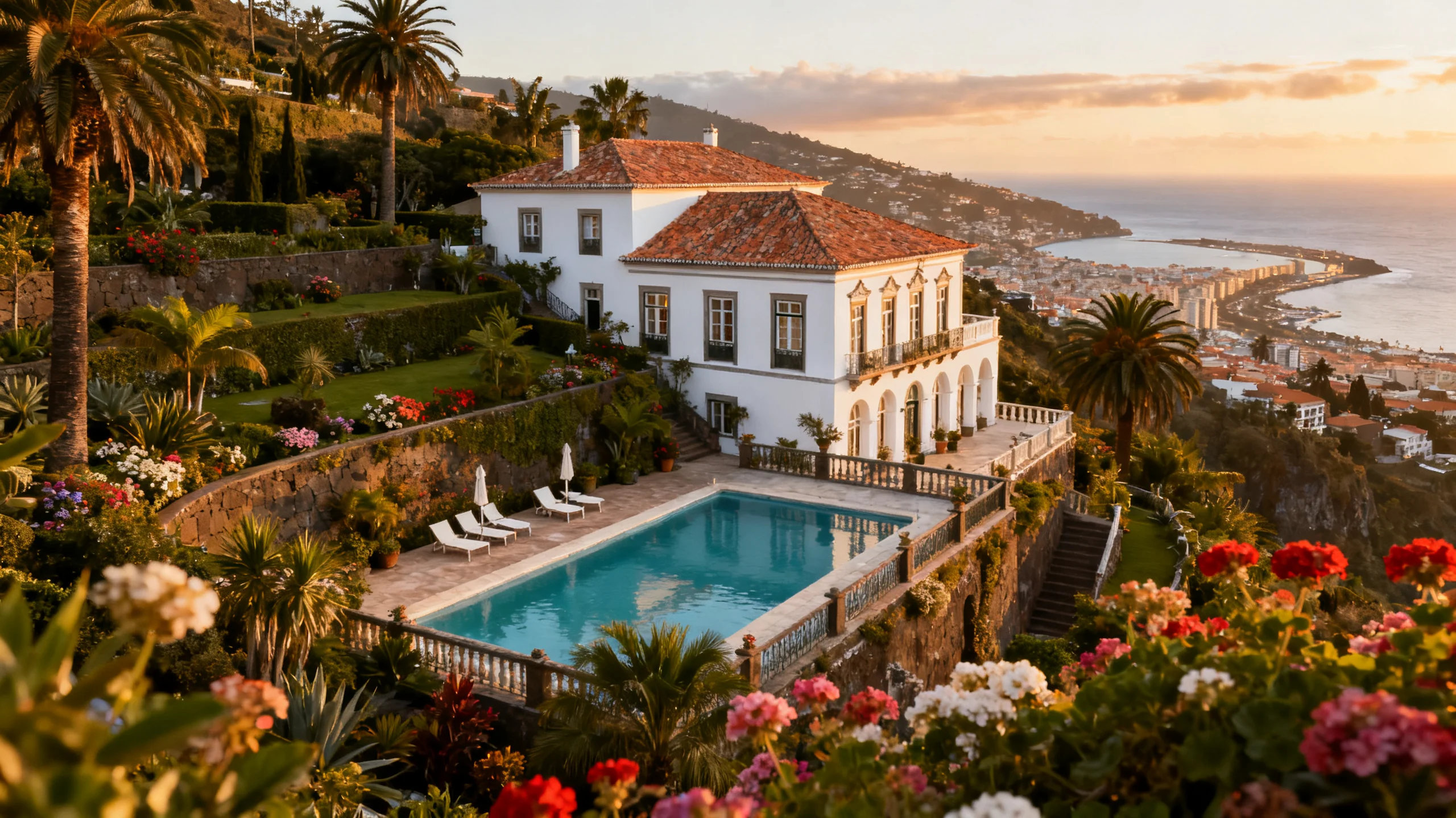 A restored quinta hotel with terraced gardens and a pool overlooking Funchal bay