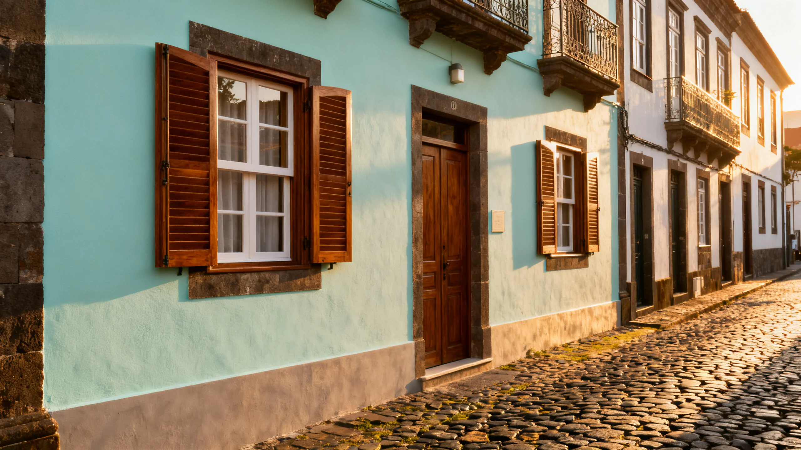 A simple painted guesthouse facade on a cobbled street in the Funchal old town