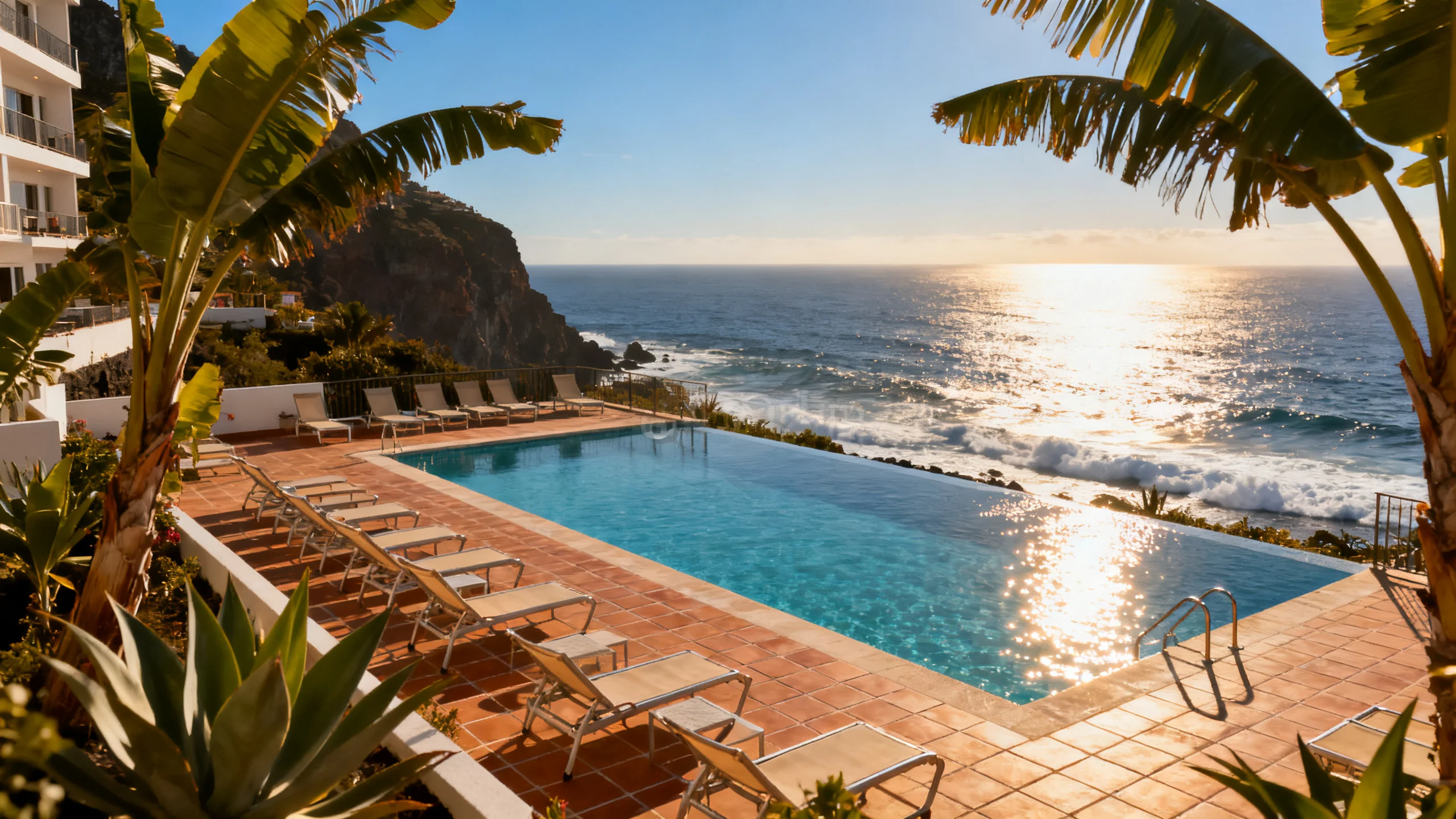 A family aparthotel pool terrace above the sea on the south coast of Madeira