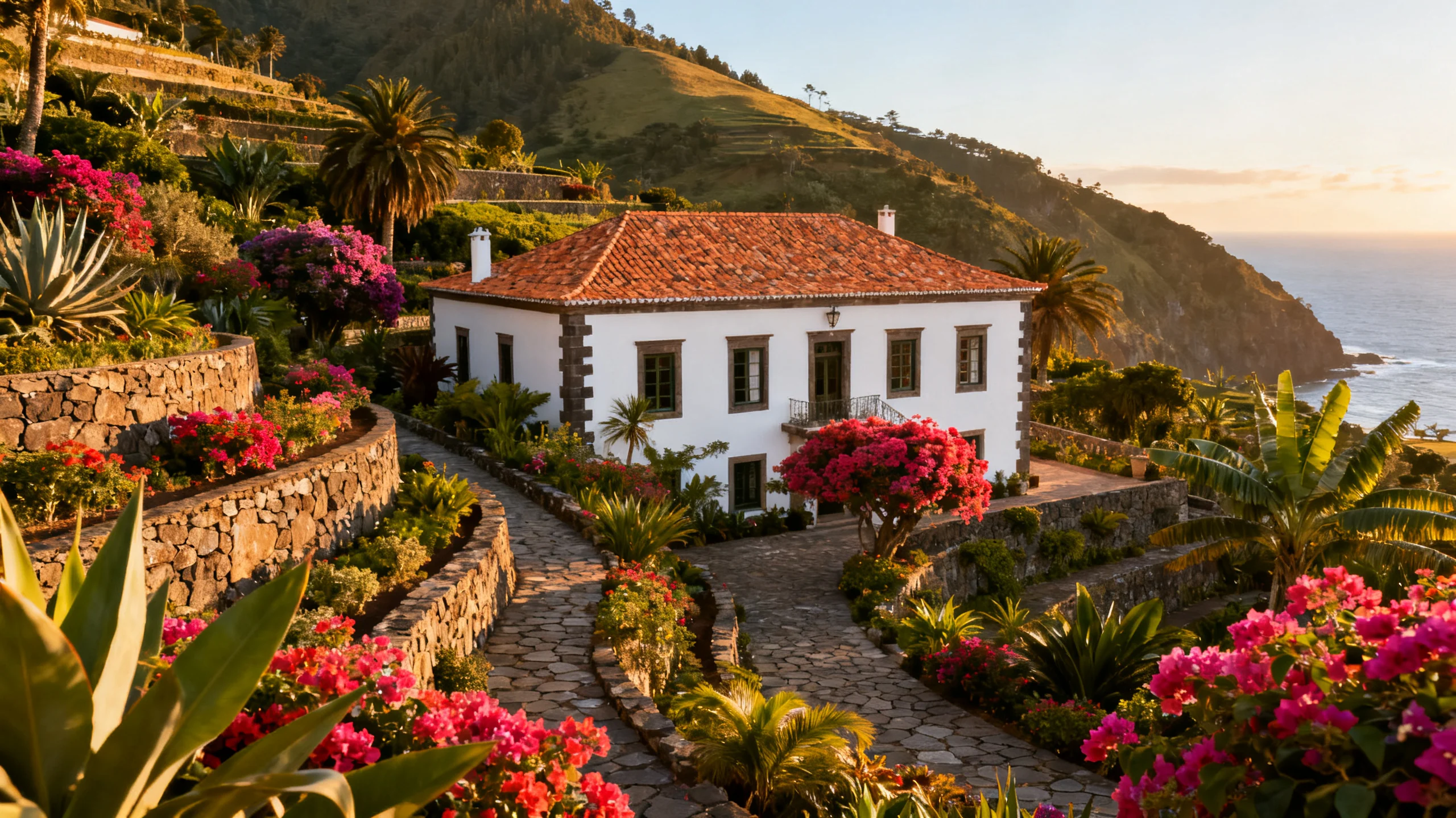 A restored quinta manor house with terraced subtropical gardens and a view over the hills