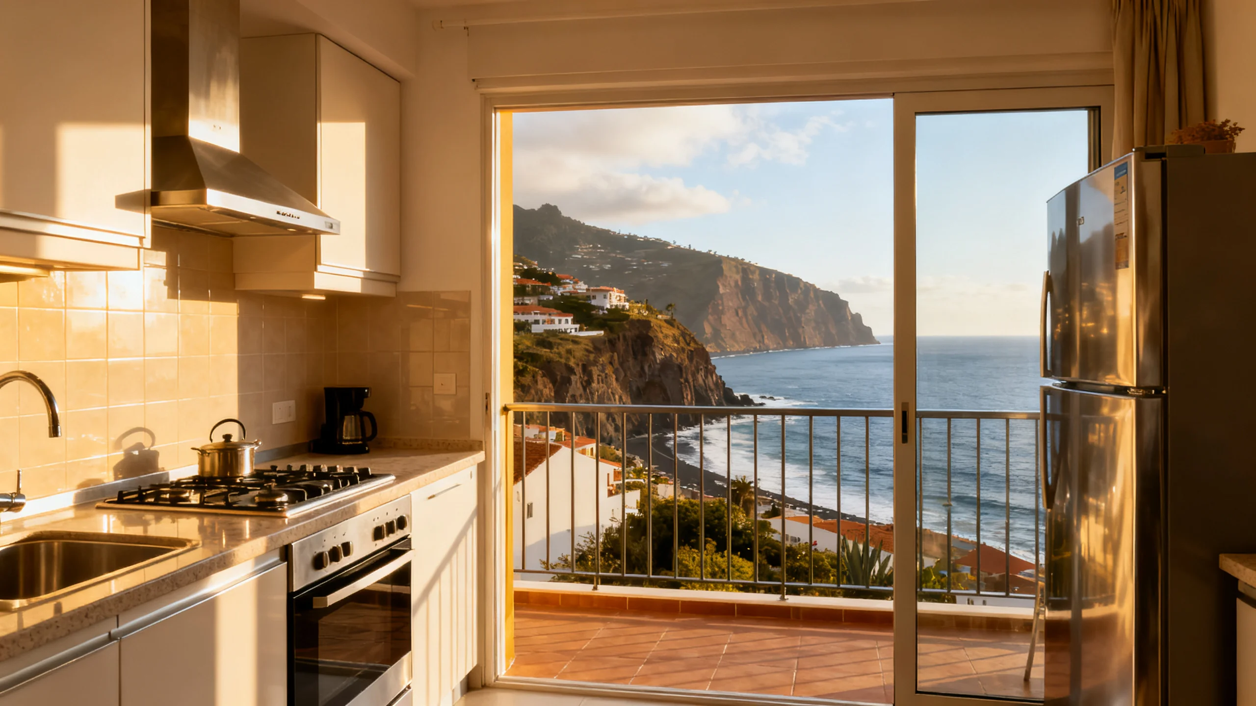 A bright self-catering apartment with a kitchen and a balcony overlooking the Madeira coast