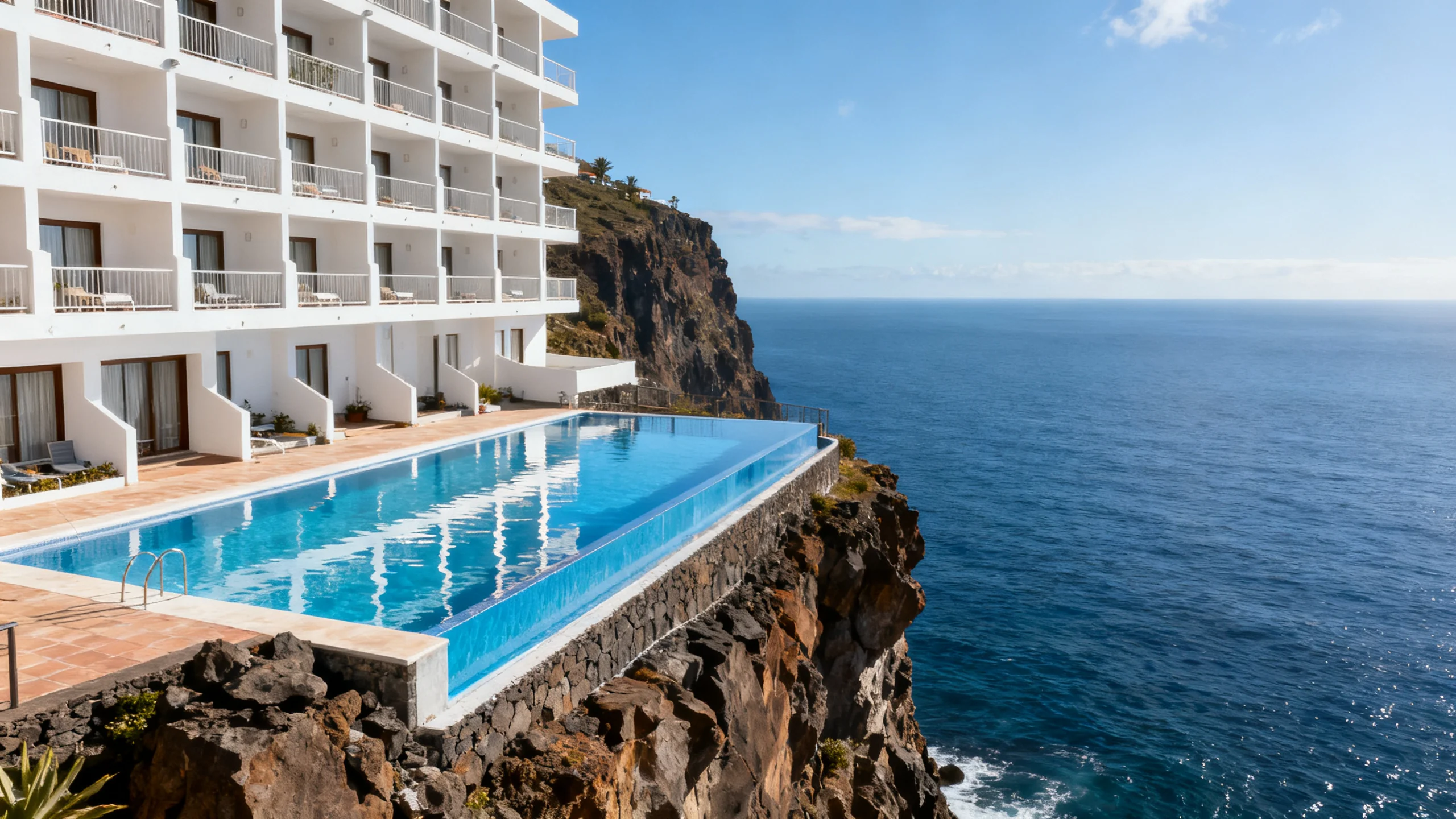 A cliffside aparthotel with a pool above the sea at Caniço de Baixo in east Madeira