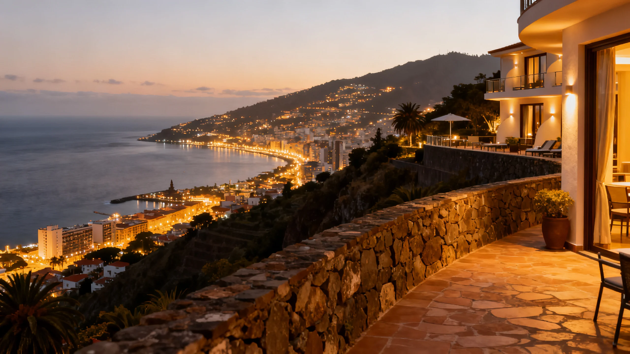 A hillside hotel terrace above Funchal bay at dusk with the lights of the city below