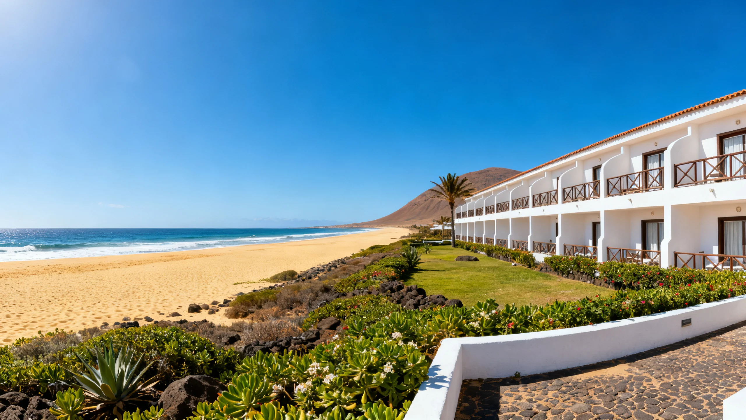 A low beachfront hotel set back from the long golden sand of Porto Santo