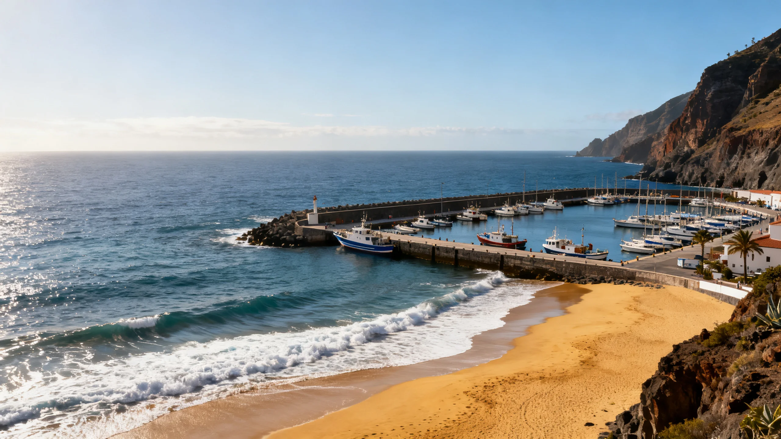 The marina and golden beach of Calheta in west Madeira under clear afternoon light