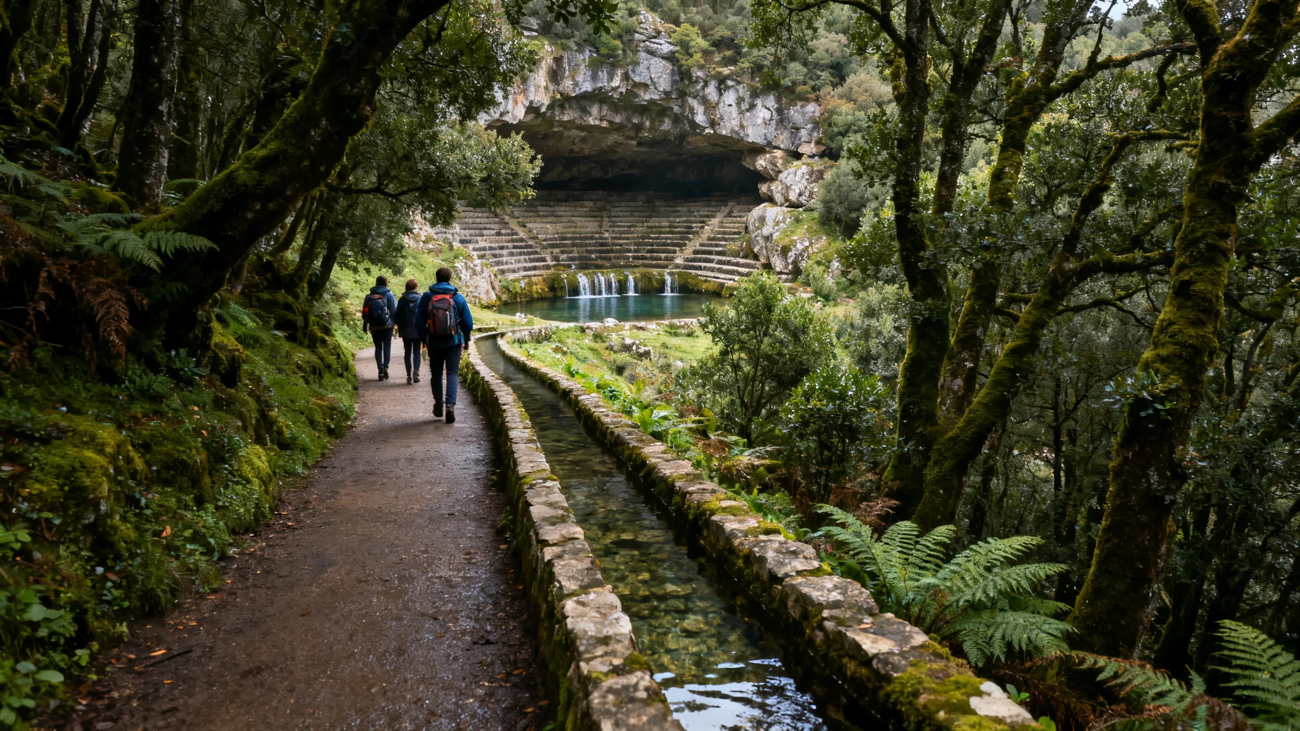 Walkers on the narrow 25 Fontes levada path through laurel forest leading to a waterfall pool in western Madeira