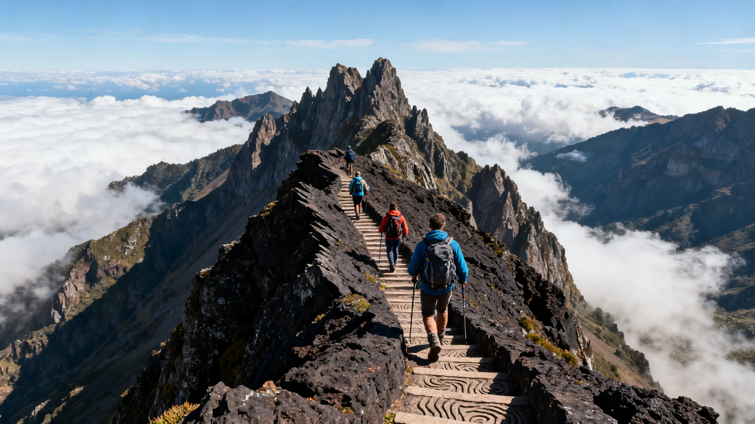 Hikers on the jagged stone-staircase ridge trail between Pico do Arieiro and Pico Ruivo above a sea of cloud in central Madeira