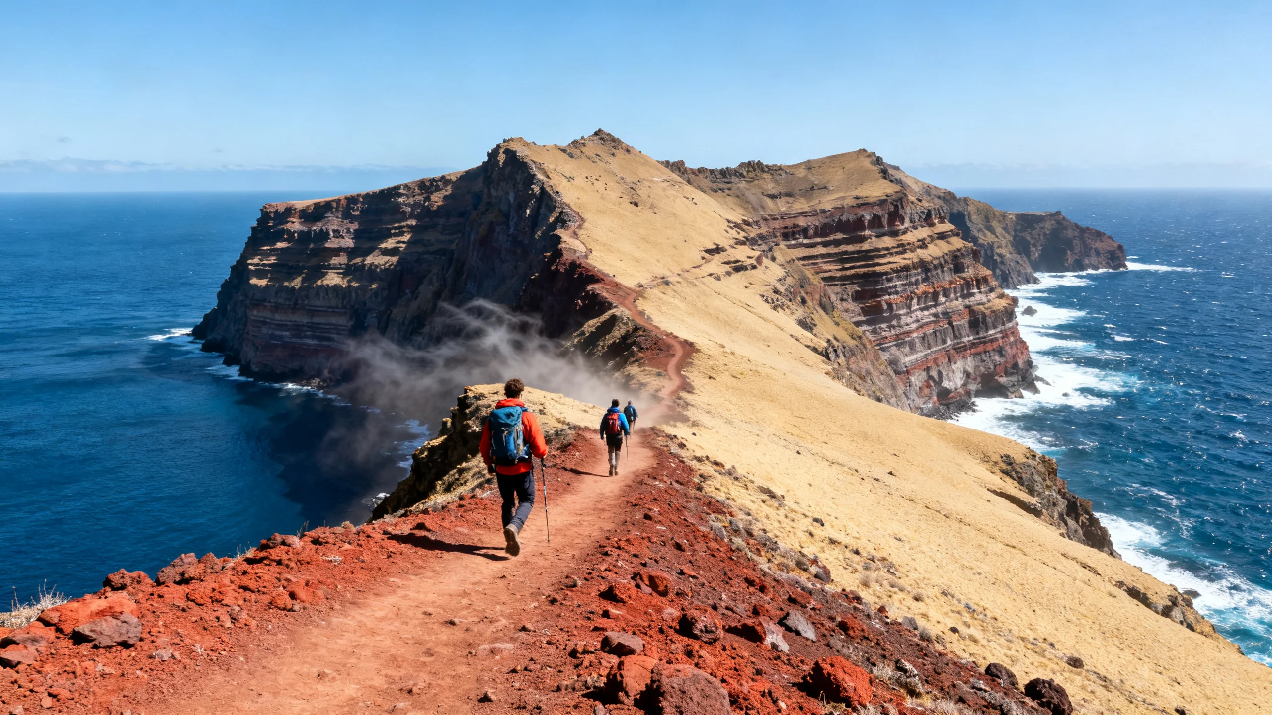 Hikers on the exposed ochre-and-red rock trail of the Ponta de São Lourenço peninsula with the Atlantic on both sides in eastern Madeira