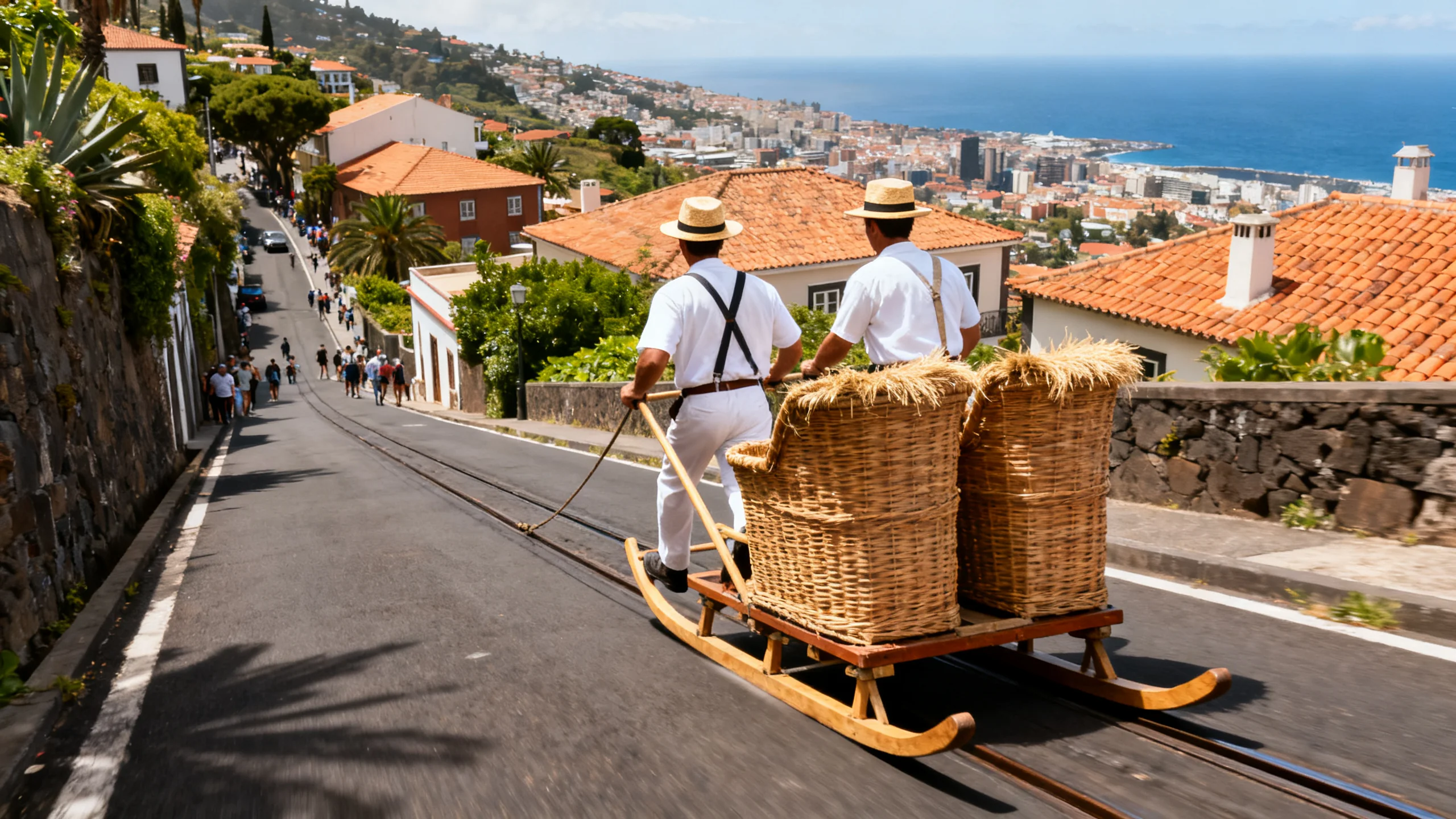 A wicker toboggan steered by two carreiros in white sliding down the steep street from Monte above Funchal