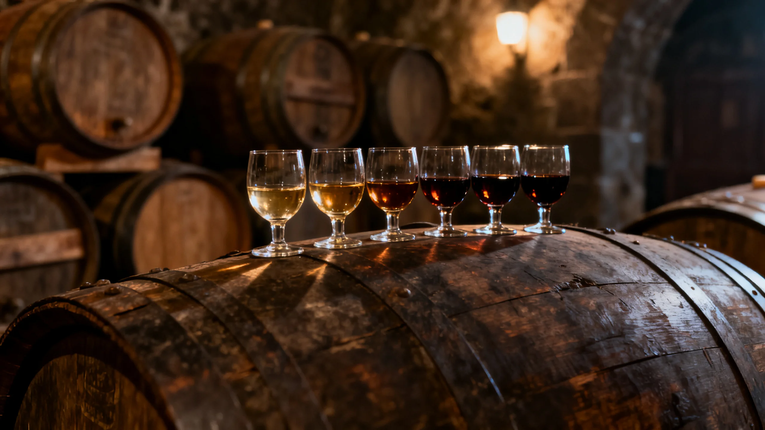 A tasting flight of Madeira wine in different styles lined up on a barrel in a historic Funchal wine lodge