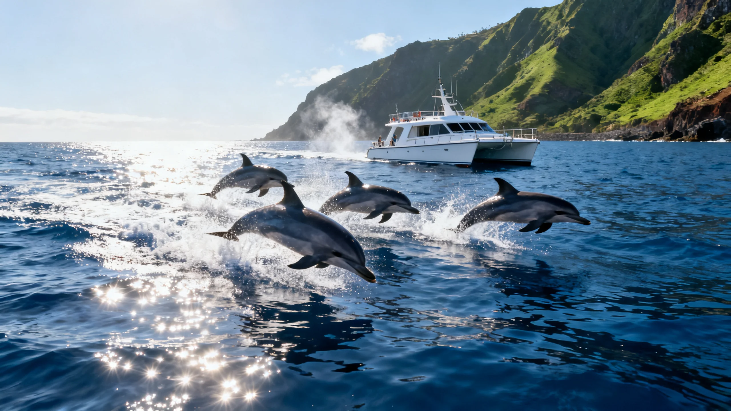 A pod of dolphins surfacing beside a small whale-watching boat in the deep blue Atlantic off the coast of Madeira