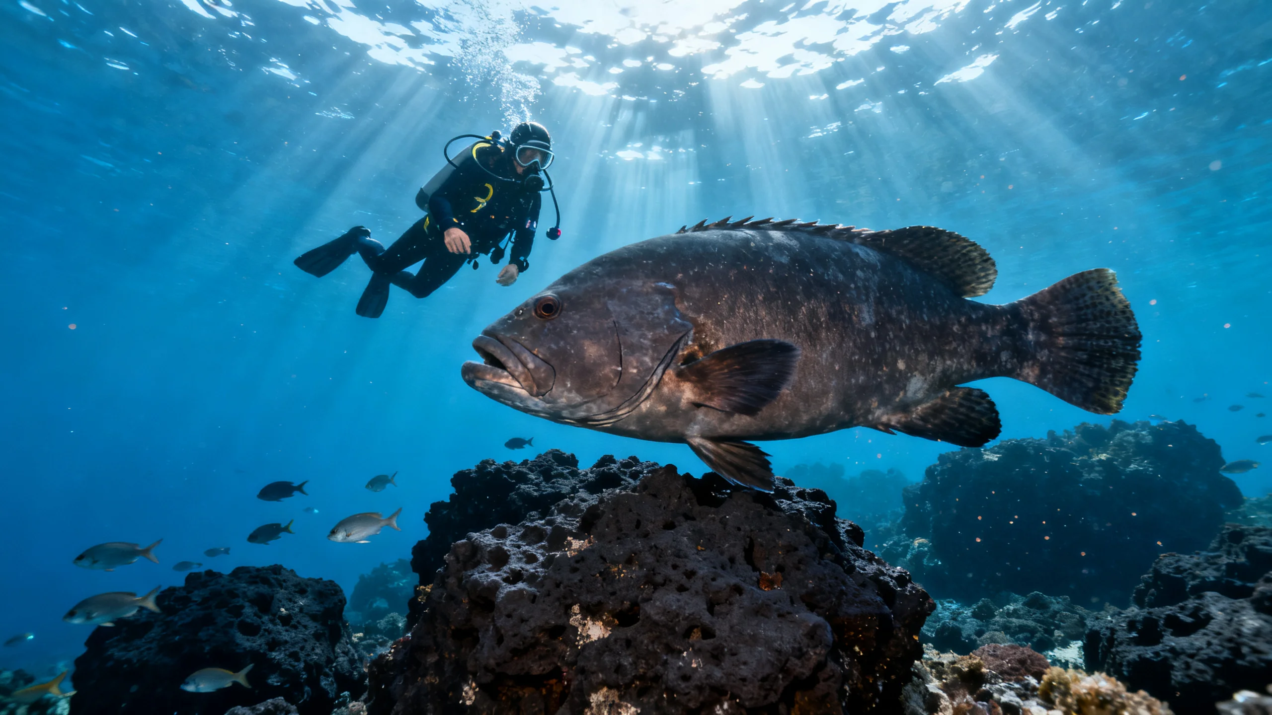 A scuba diver beside a large dusky grouper over a volcanic reef in the clear water of the Garajau Marine Reserve, Madeira