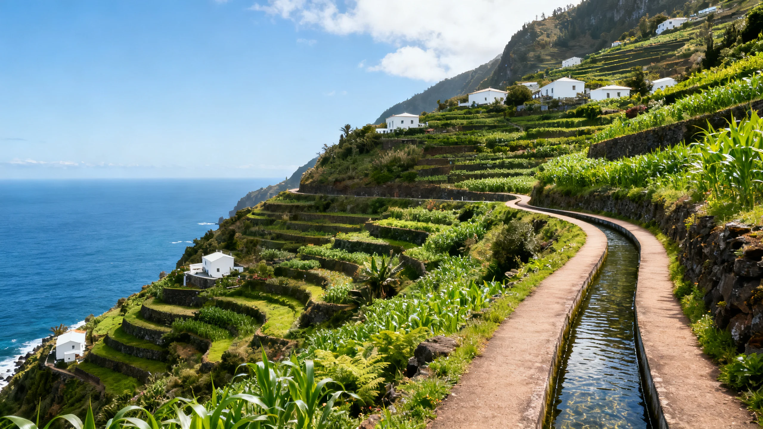 A levada path winding through green terraced hills above the south coast of Madeira