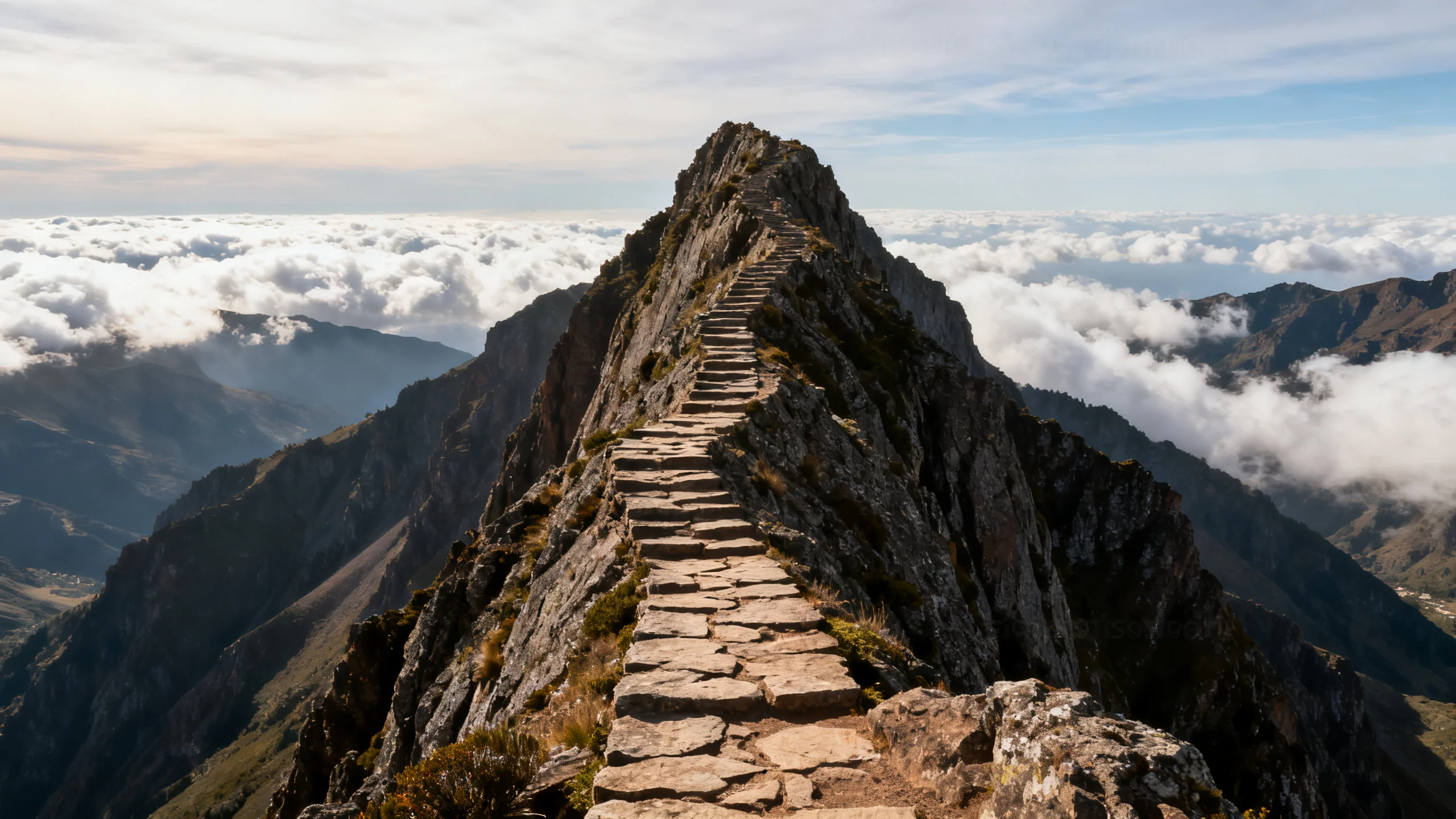The ridge trail between Pico do Arieiro and Pico Ruivo with stone steps cut into a knife-edge crest above cloud-filled valleys