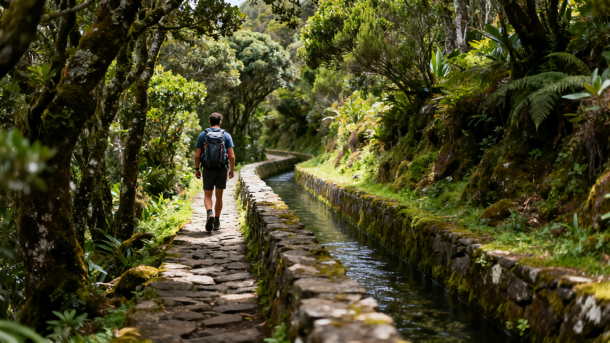 A hiker on a narrow stone levada path edging through dense laurel forest with a water channel running alongside
