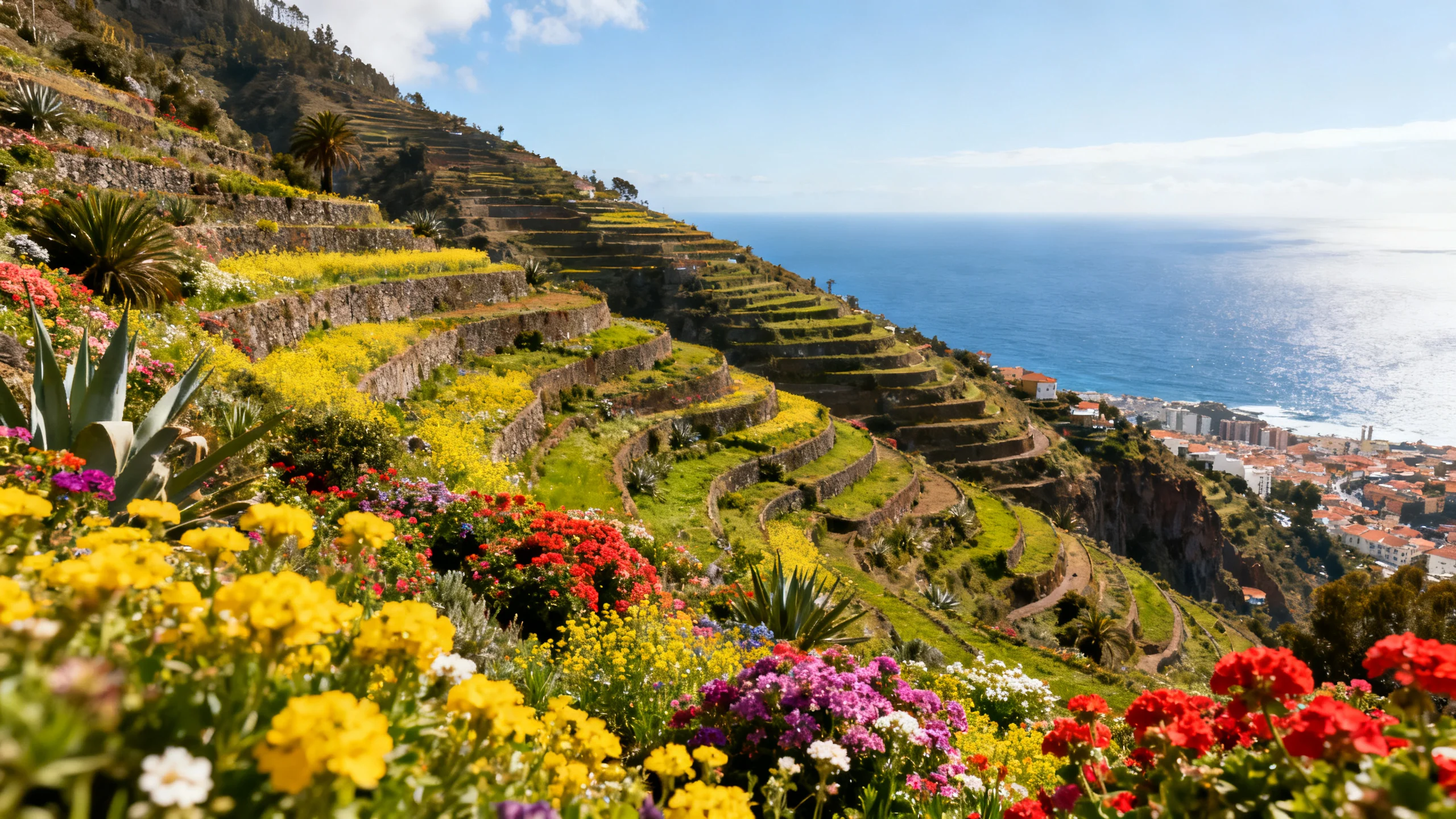 Terraced hillsides above Funchal in spring with flowering plants and the Atlantic in the background under a bright sky