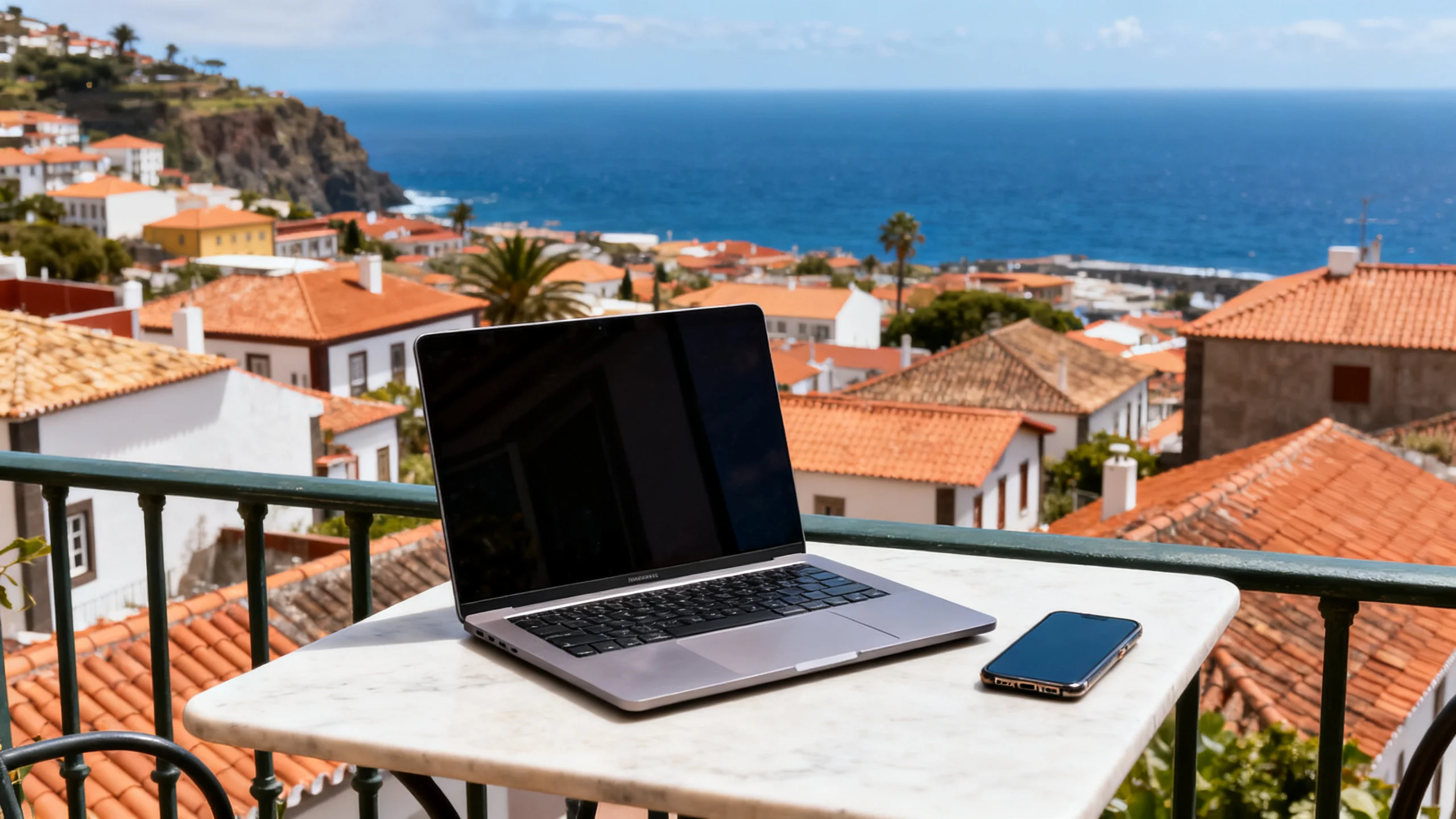 A laptop and phone on a balcony table overlooking Funchal rooftops and the sea