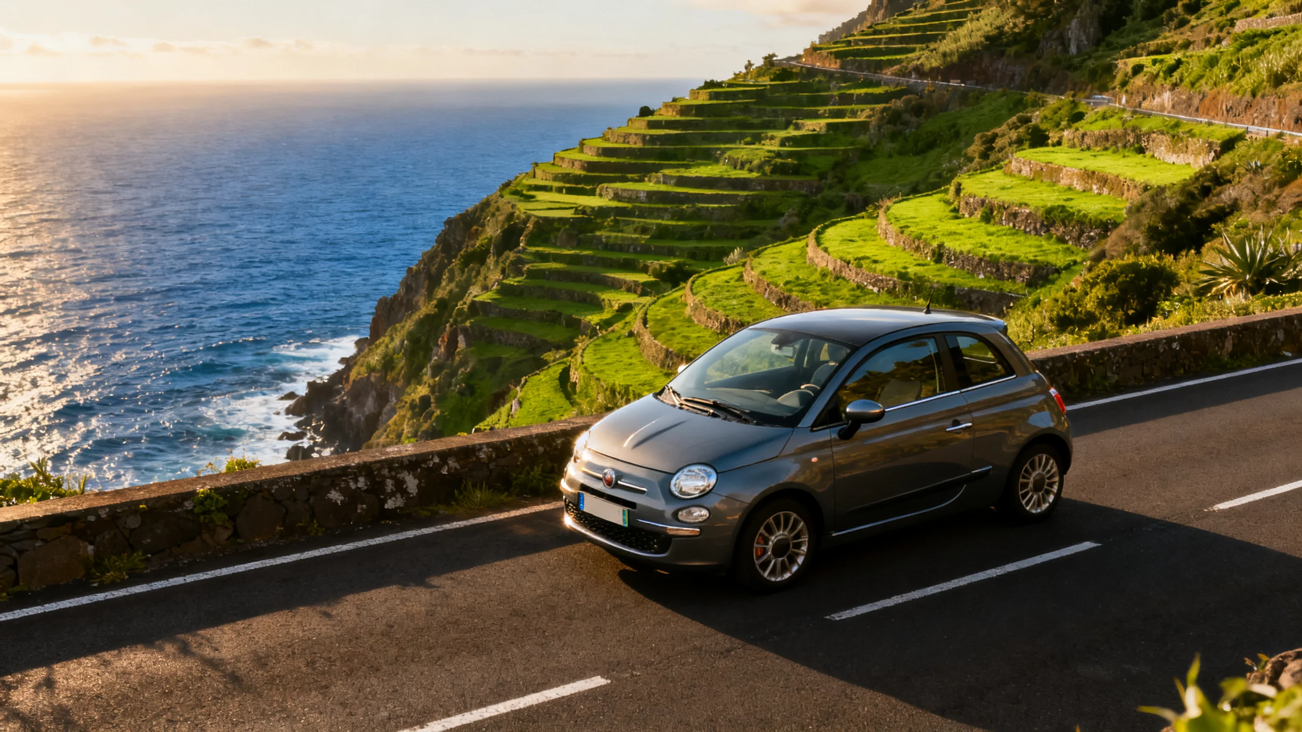 A small hire car on a coastal road in western Madeira with terraced green hillsides above and the Atlantic below in afternoon light