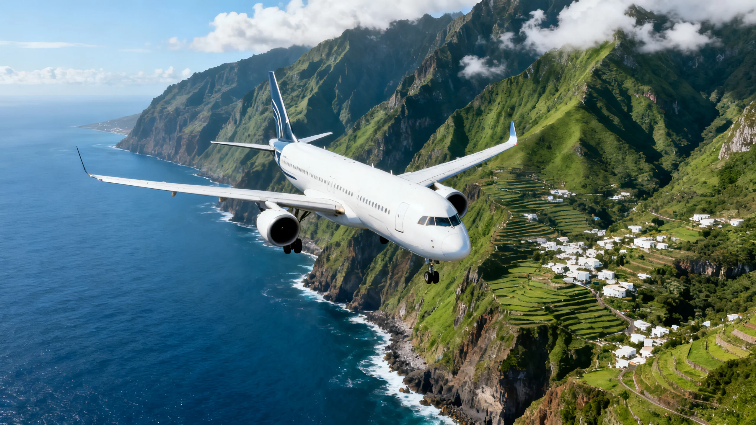 A passenger jet descending over the green mountainous coastline of Madeira above the Atlantic