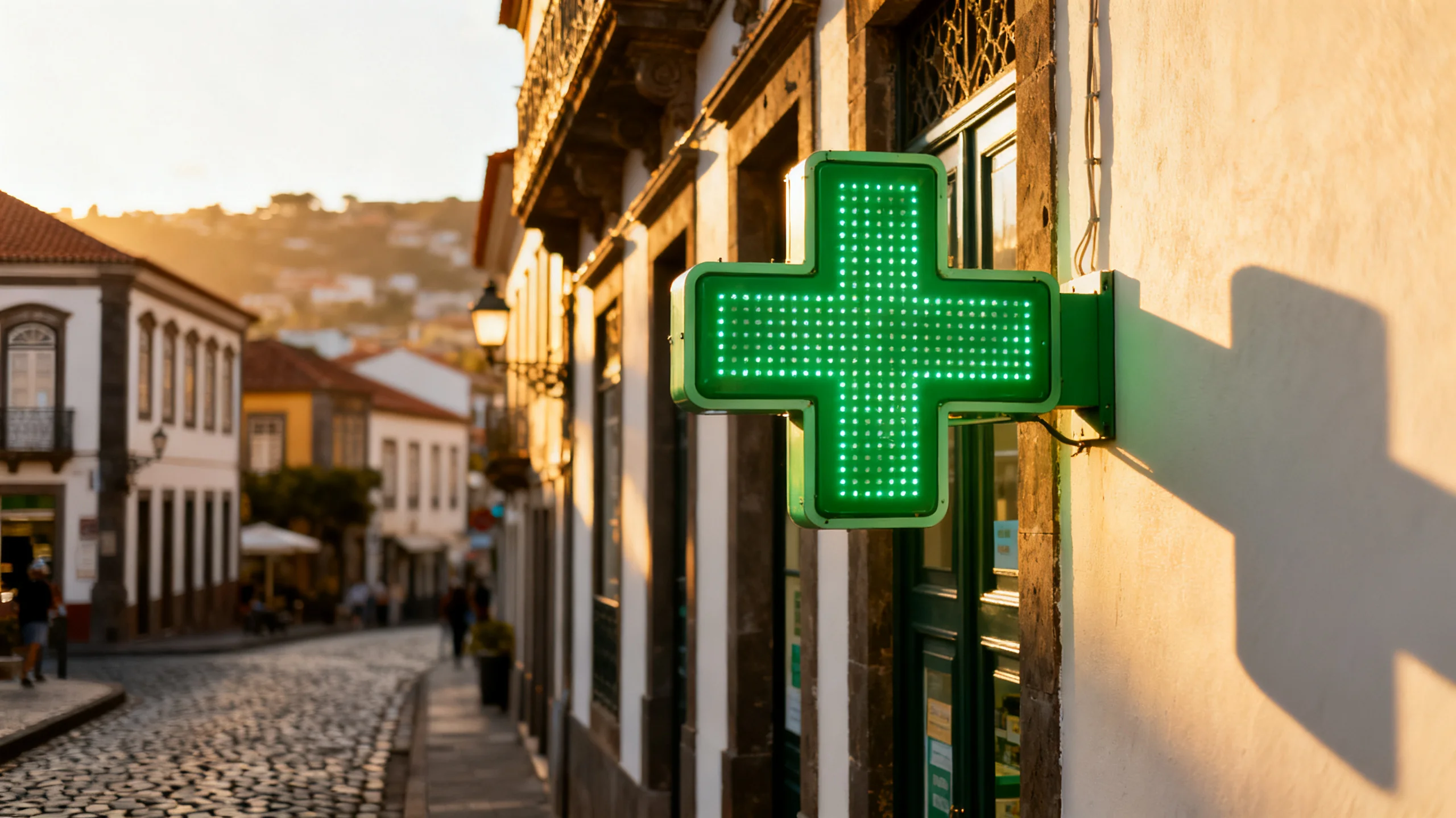 A green pharmacy cross sign on a building in central Funchal with the historic street behind