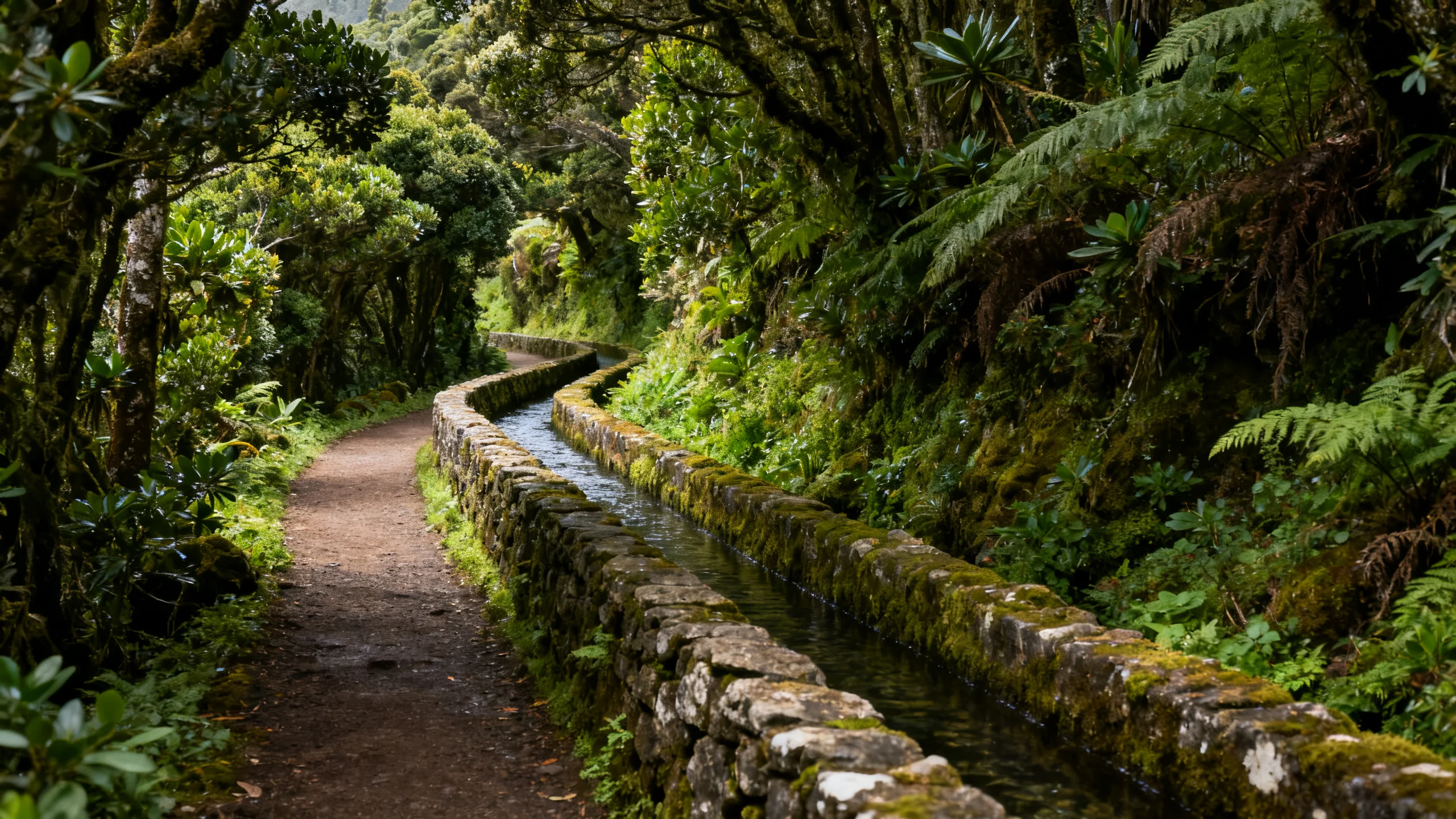 A narrow levada path running alongside a stone water channel through dense green laurel forest in central Madeira