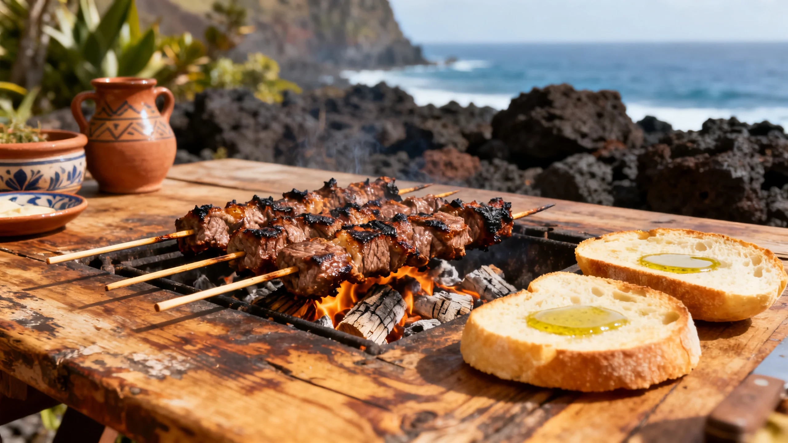Skewers of espetada beef grilling over wood with bolo do caco bread on a rustic Madeira table