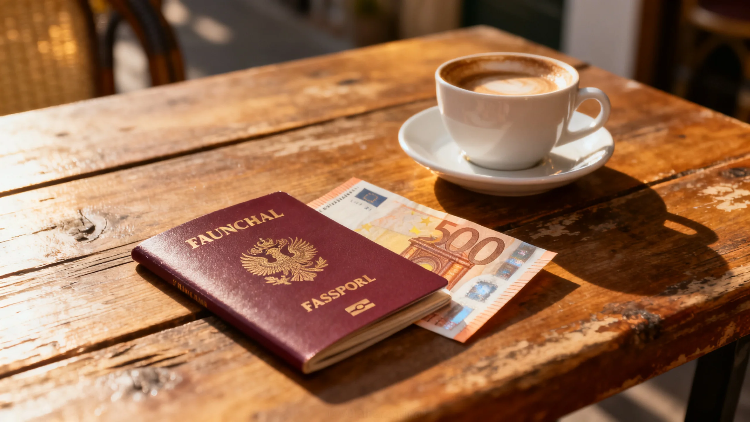 A passport and euro notes on a wooden surface beside a coffee cup at a Funchal cafe table