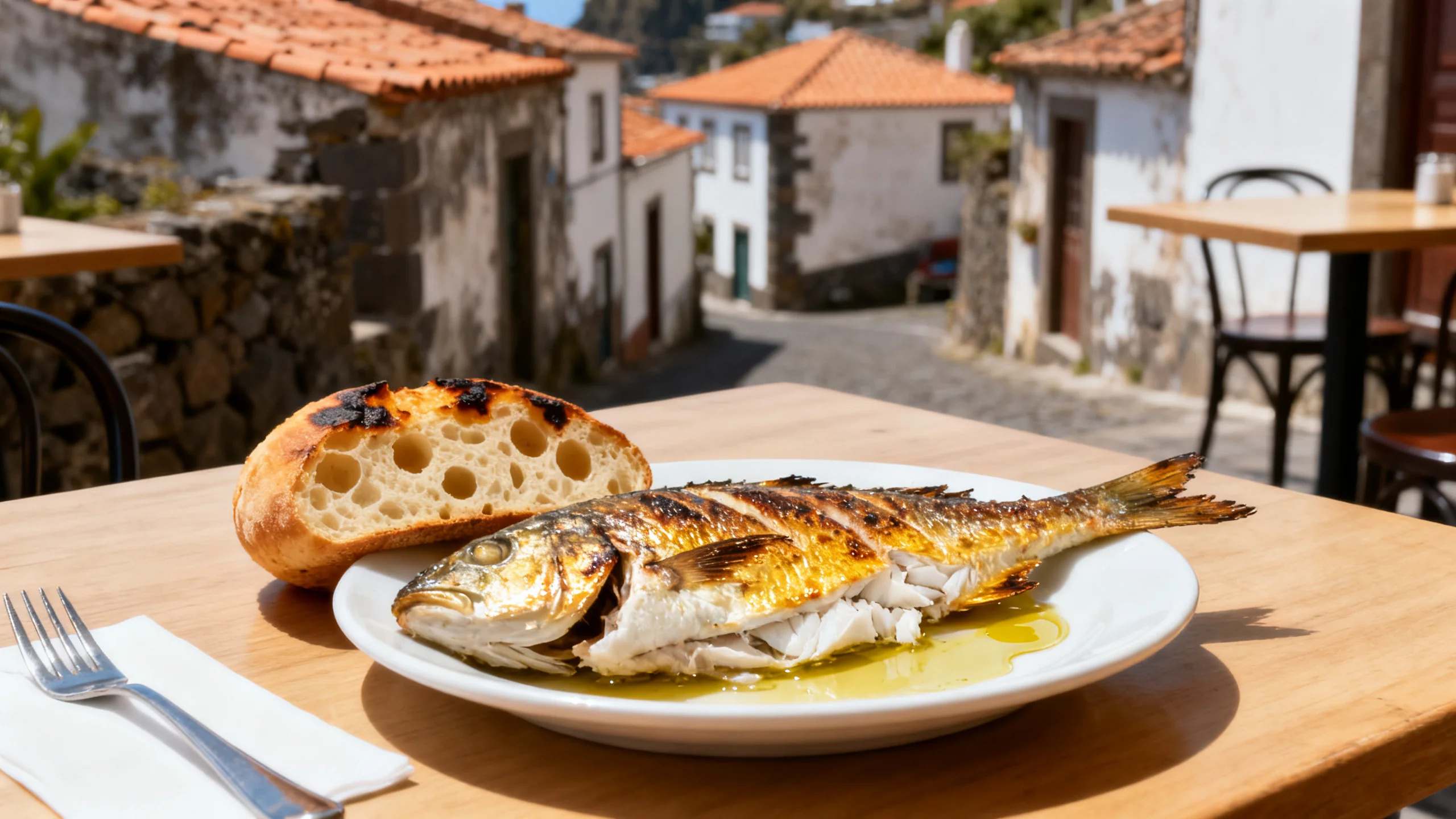 A plate of grilled fish with bolo do caco bread on a simple cafe table in a Madeira village