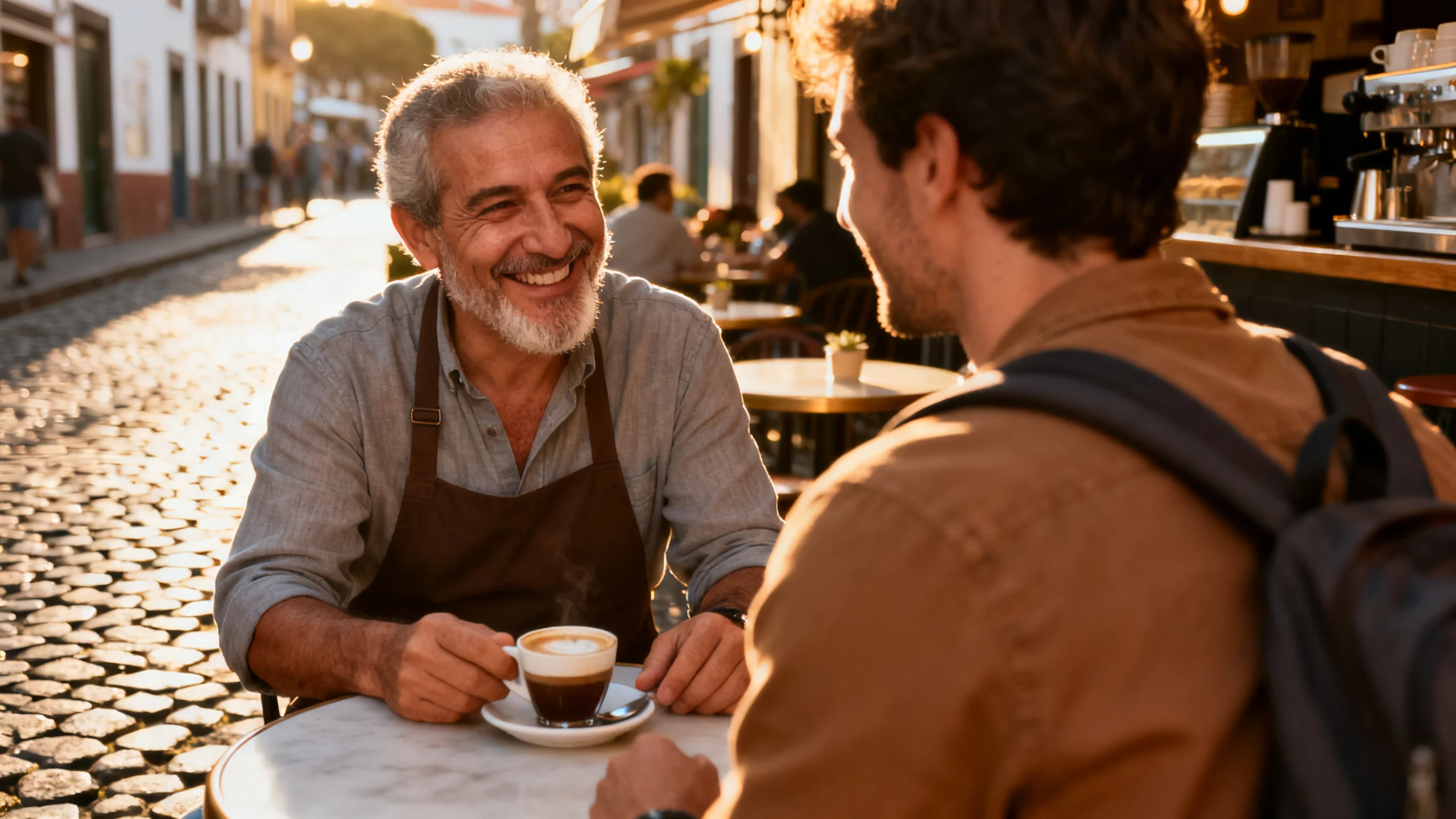 A traveller chatting with a smiling cafe owner over a coffee on a cobbled street in Funchal
