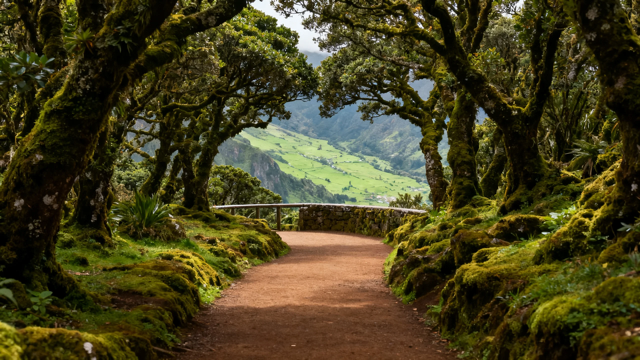 Un sendero ancho y suave a través del bosque de laurisilva musgoso que conduce al mirador de Balcões sobre un verde valle de Madeira
