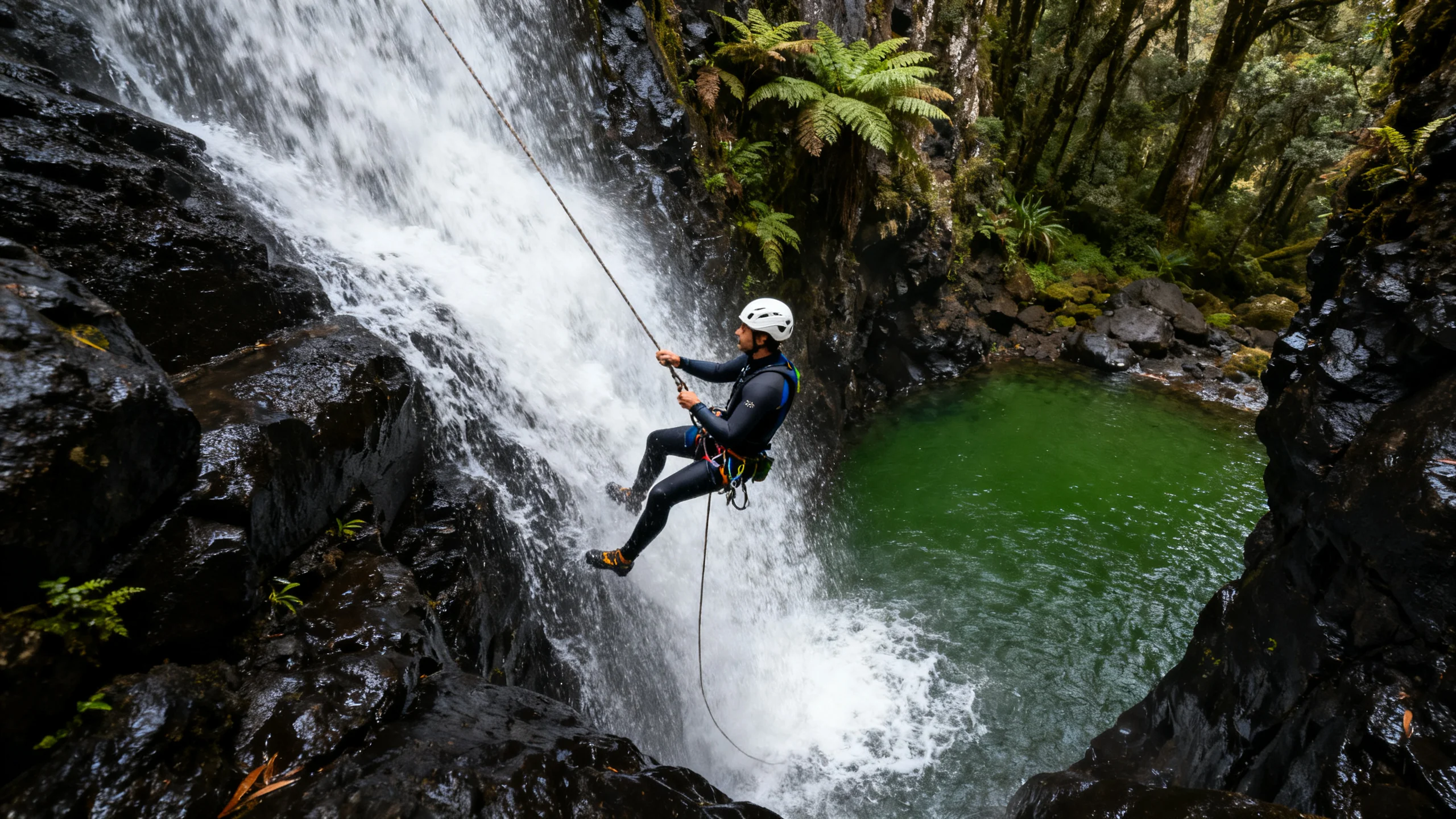 Un barranquista rapelando por una cascada hacia una poza verde en un barranco de laurisilva en el centro de Madeira