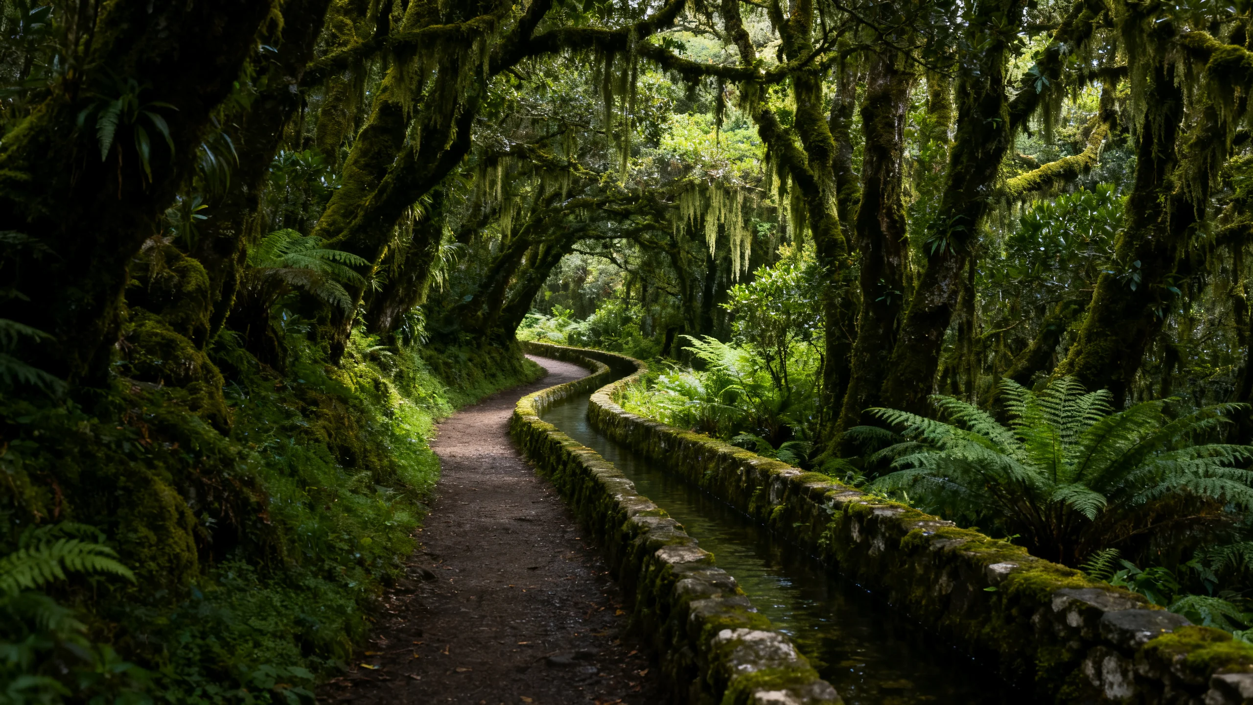 El estrecho camino de la Levada do Caldeirão Verde serpenteando por el musgoso bosque de laurisilva hacia una cascada en el norte de Madeira