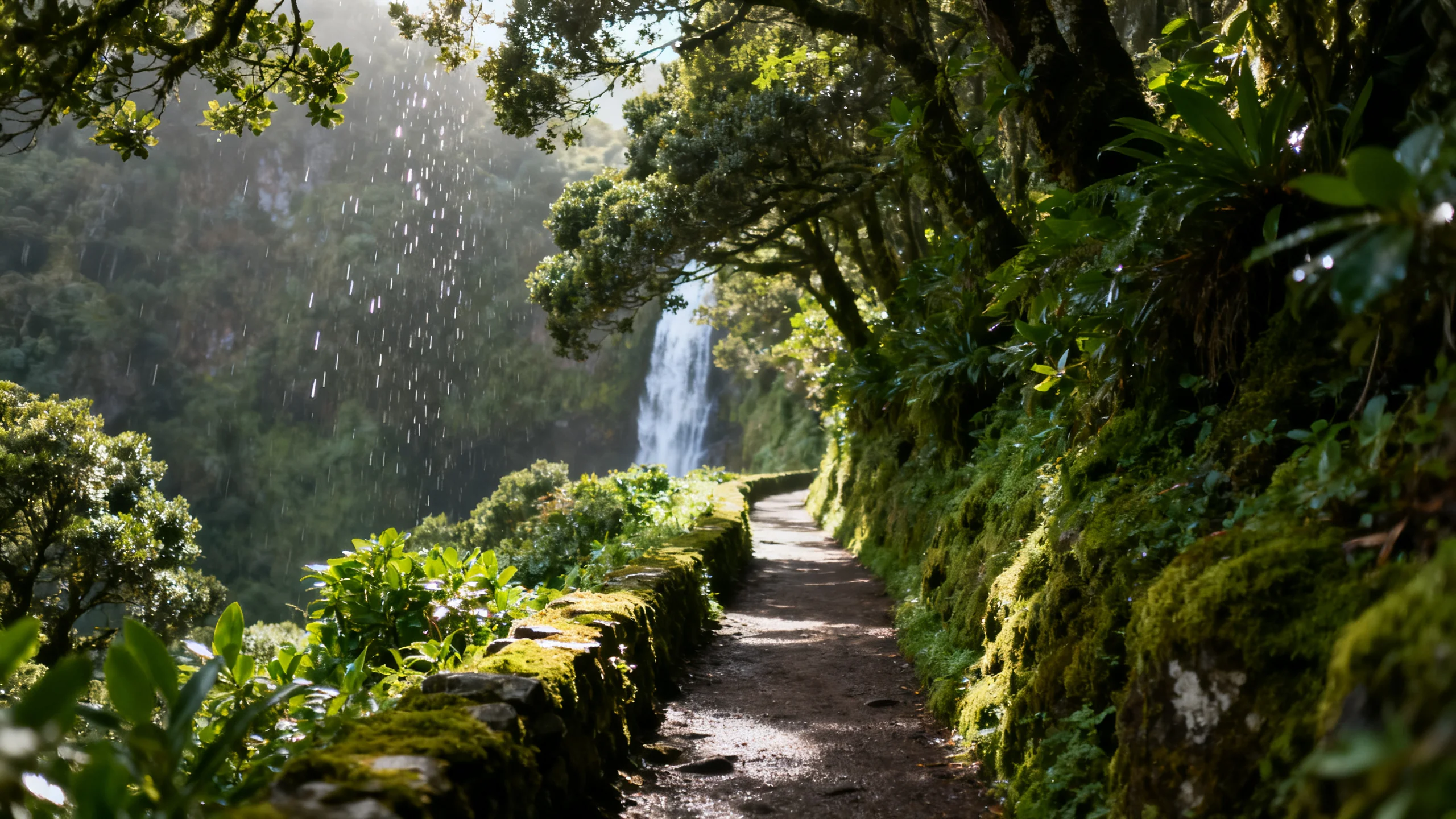 Un estrecho sendero de levada serpenteando por el denso bosque verde de laurisilva hacia una cascada en el norte de Madeira