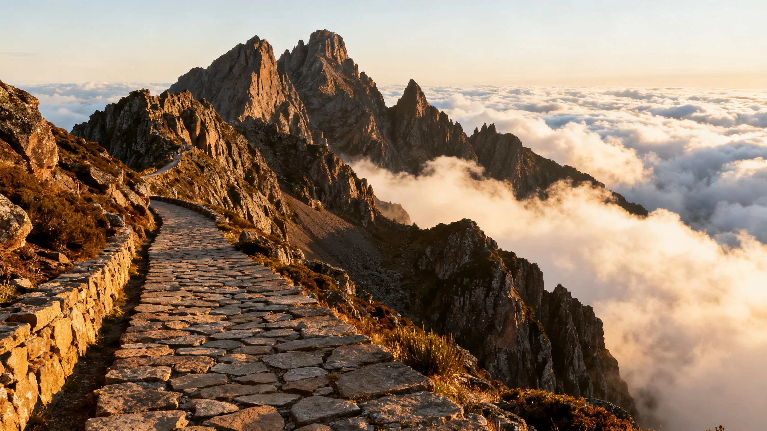 Un sendero de piedra que parte de la cumbre de Pico do Arieiro con picos escarpados que se elevan sobre un mar de nubes