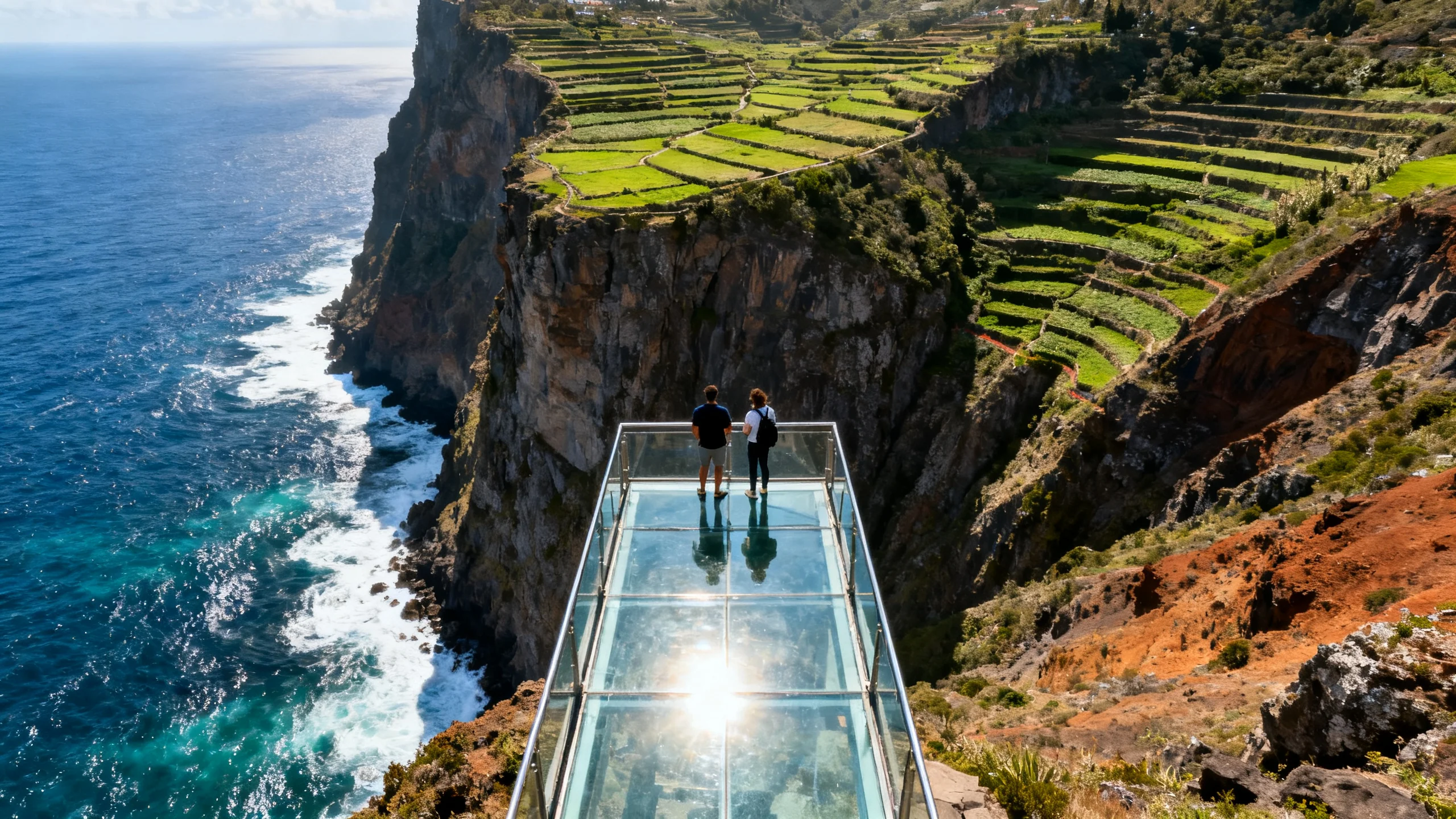 Visitantes de pie sobre la plataforma de suelo de cristal del mirador de Cabo Girão mirando directamente hacia abajo por un acantilado marino hasta las terrazas de cultivo y el océano