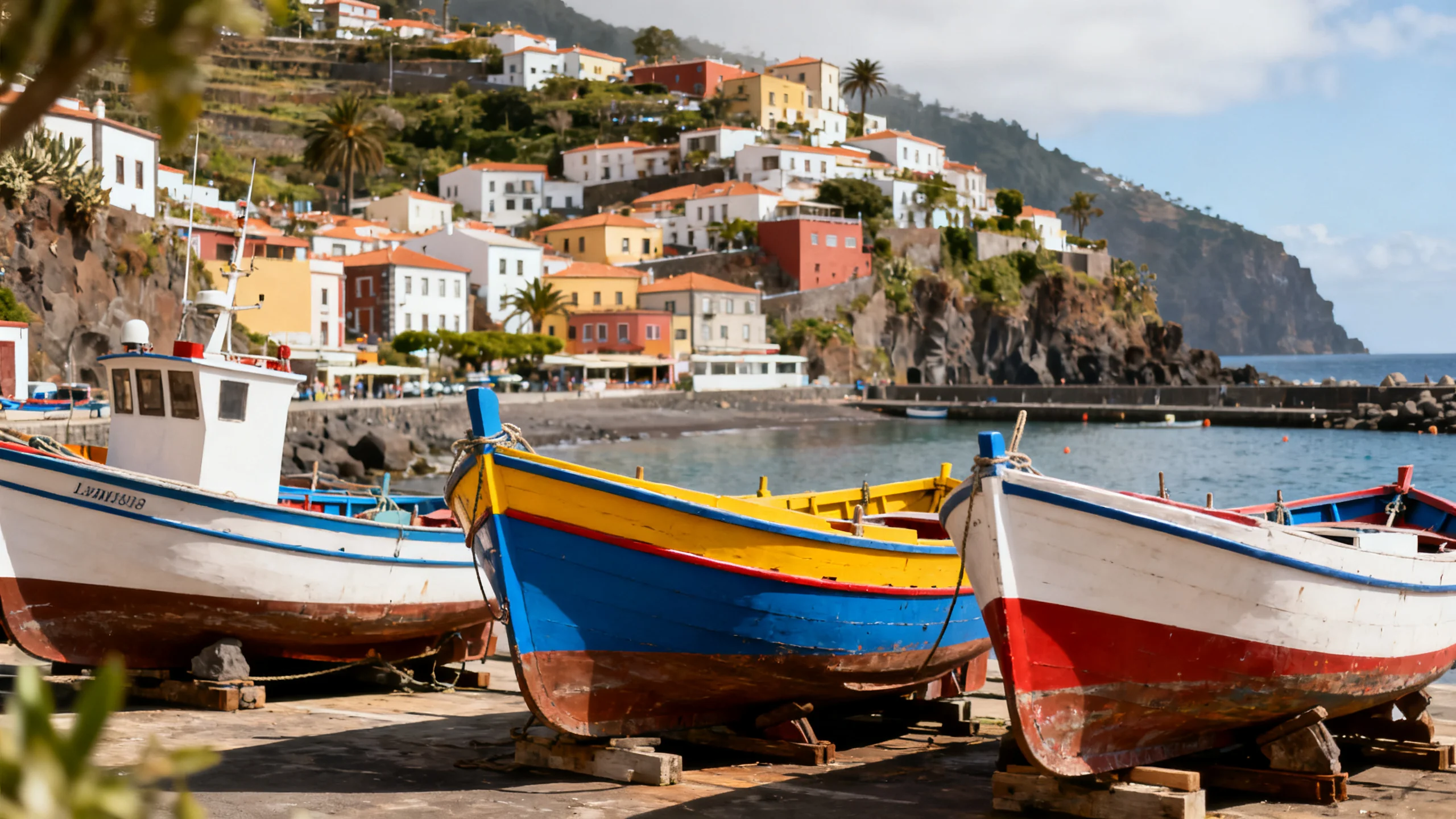 Barcos de pesca de madera pintados de colores vivos varados en el puerto protegido de Câmara de Lobos con el pueblo elevándose detrás