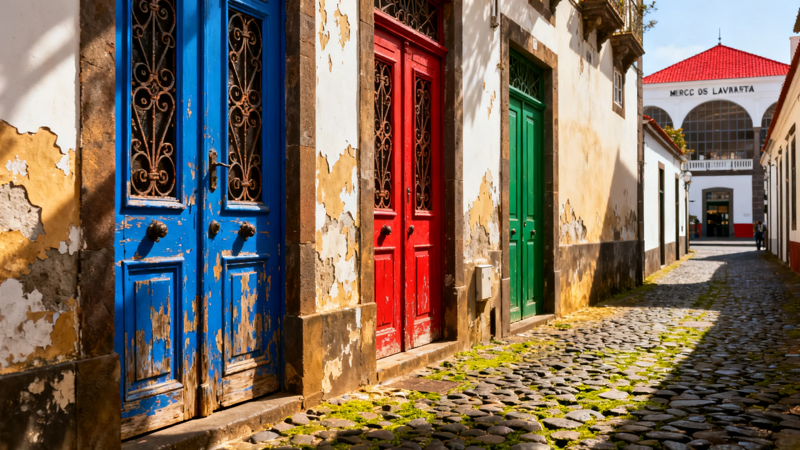 Puertas pintadas en una estrecha calle empedrada de la Zona Velha de Funchal con el Mercado dos Lavradores cerca