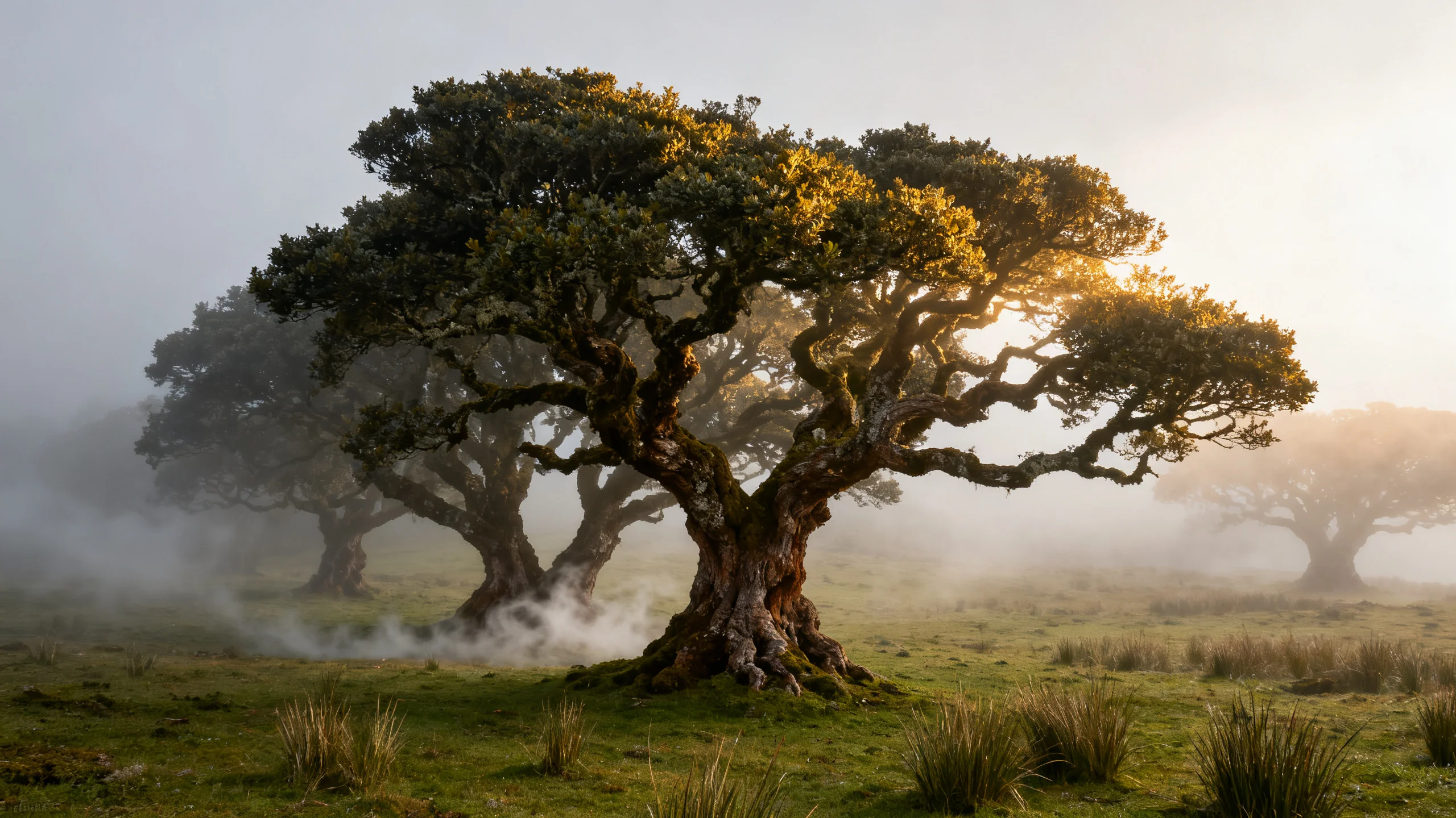 Antiguos laureles retorcidos en un pastizal envueltos en espesa niebla en Fanal, oeste de Madeira