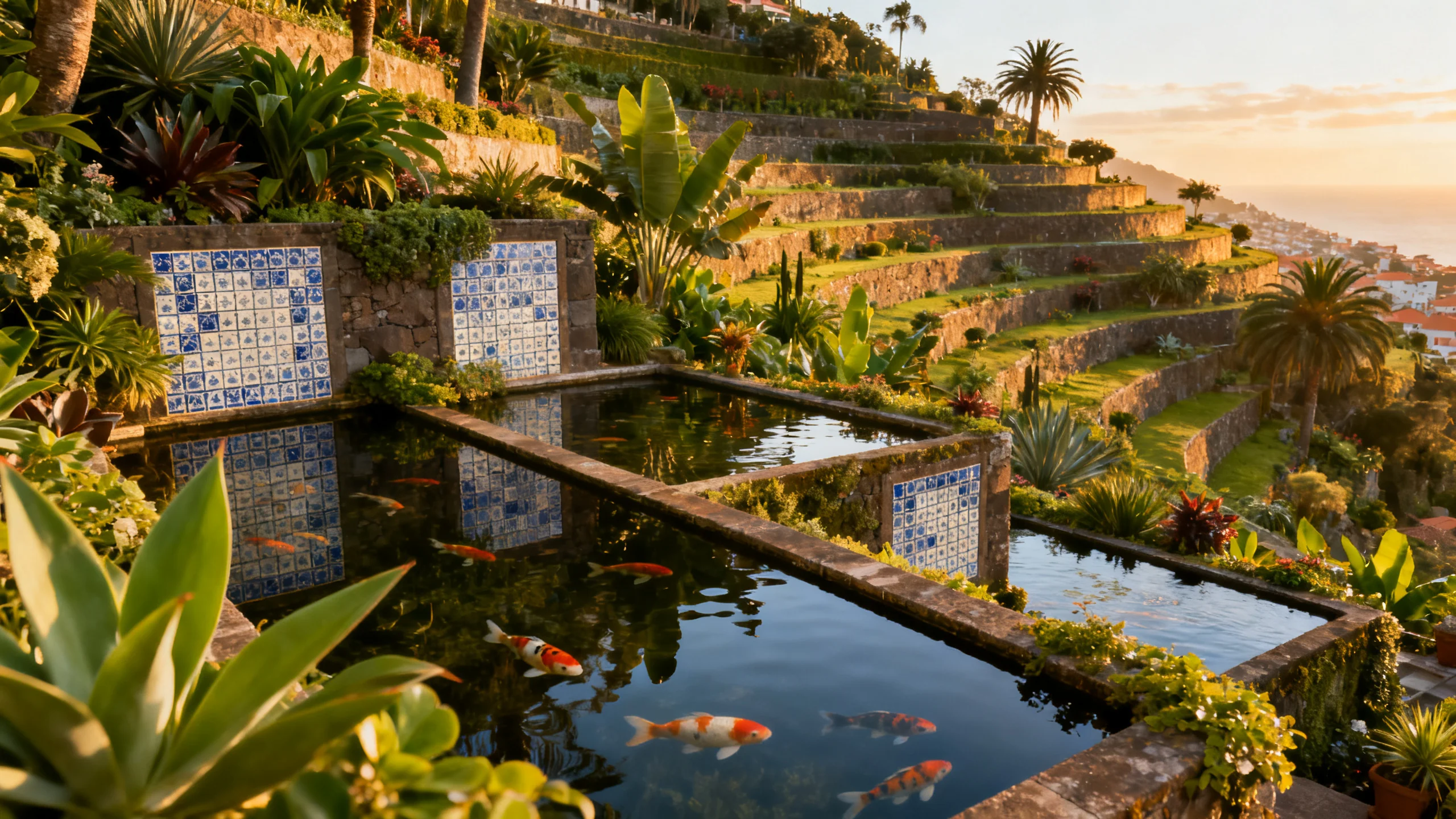 Exuberante vegetación subtropical, estanques de carpas koi y paneles de azulejos en un jardín en terrazas sobre Funchal