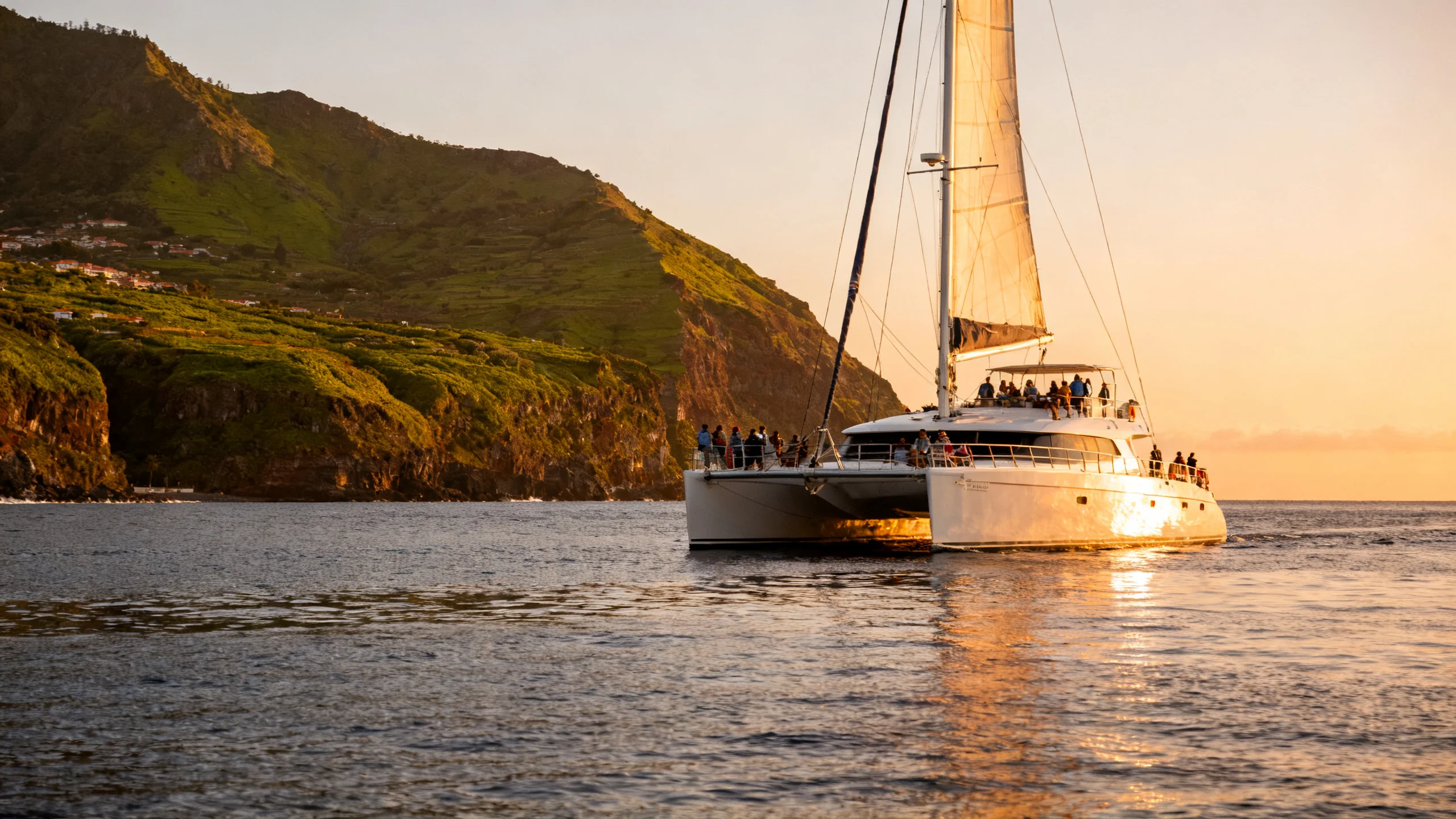 Un catamarán con pasajeros en cubierta navegando frente a la costa de Funchal a la hora dorada con la isla de fondo