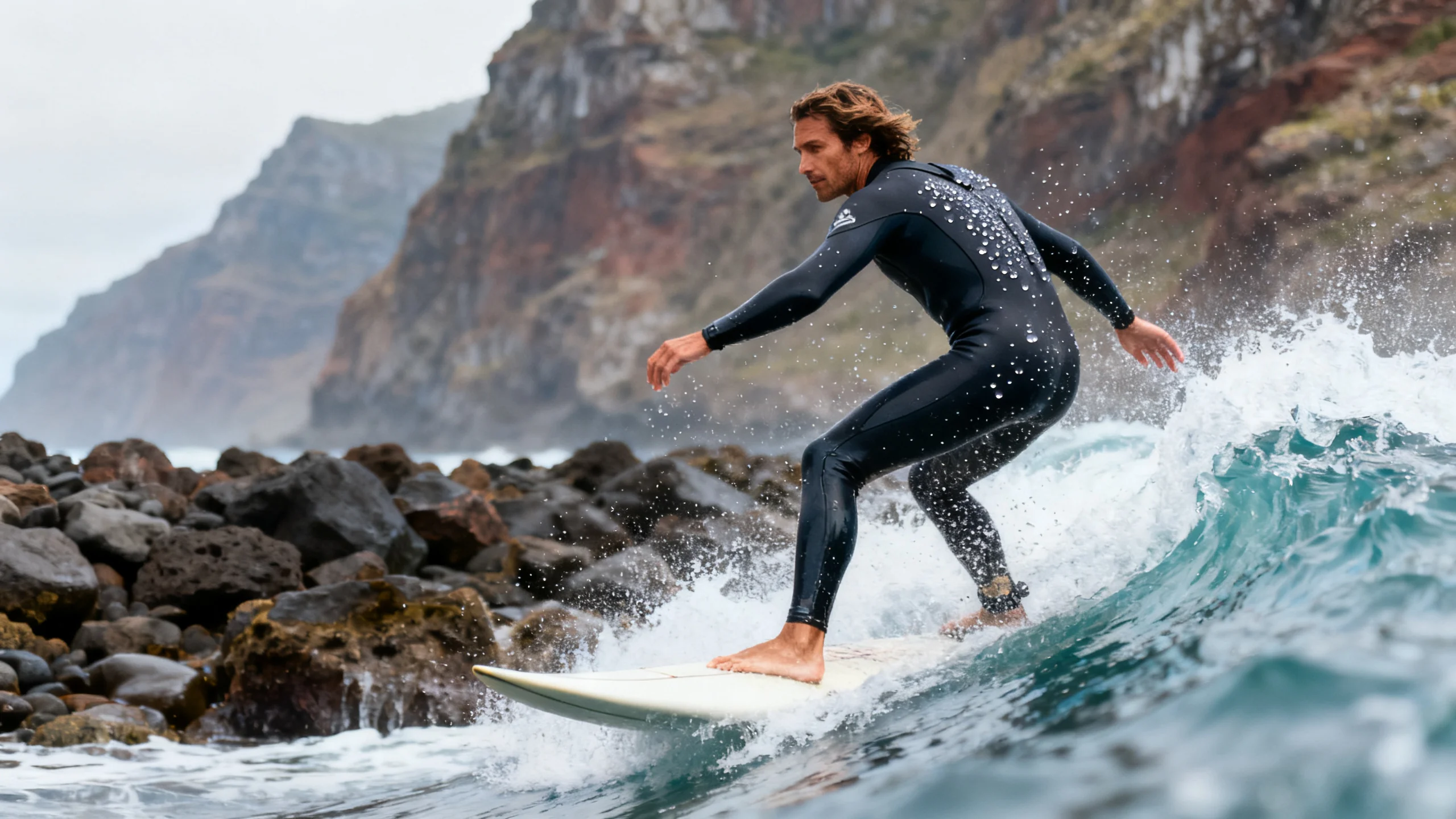 Un surfista montando una ola en un reef break rocoso de la costa oeste de Madeira con acantilados al fondo