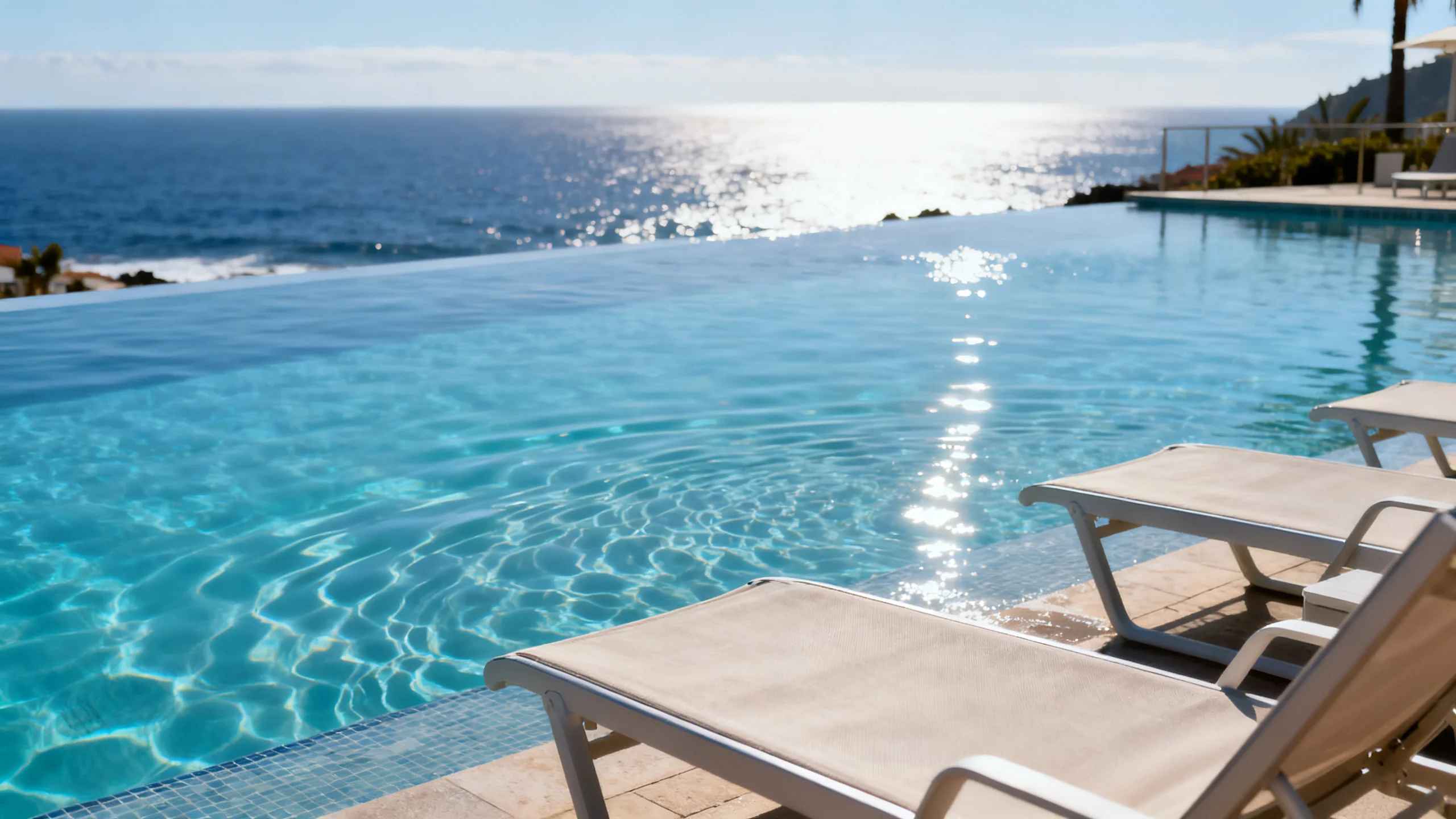 Una tranquila piscina de spa con agua de mar en un hotel de Funchal con tumbonas y el Atlántico visible al fondo