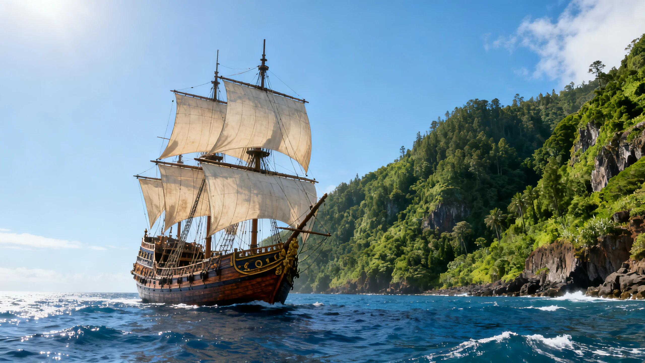 Eine nachgebaute portugiesische Karavelle aus dem 15. Jahrhundert, vor Anker vor der grünen bewaldeten Küste Madeiras unter klarem Himmel