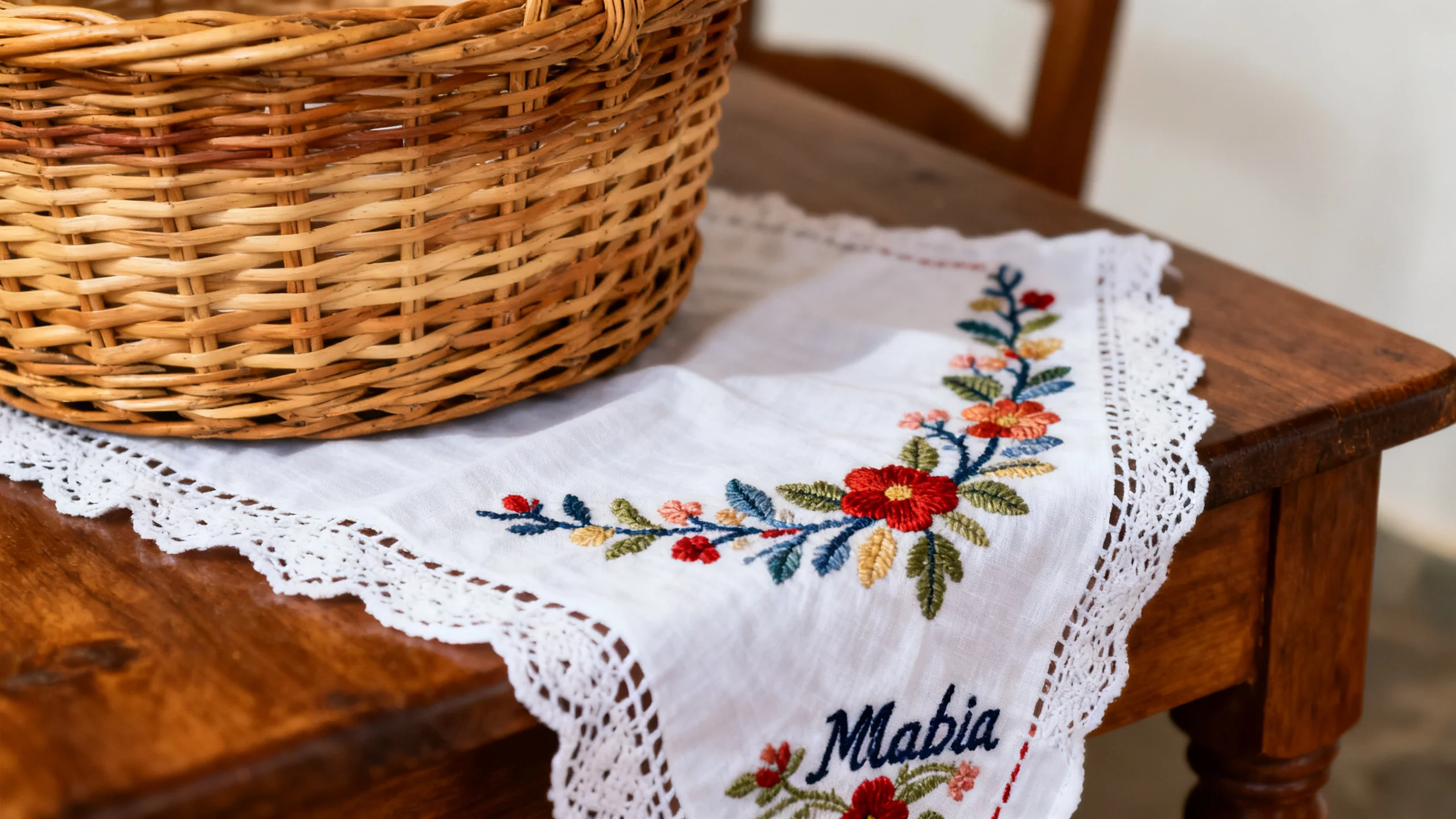 Nahaufnahme handgestickter Madeira-Leinen neben einem geflochtenen Weidenkorb auf einem Holztisch