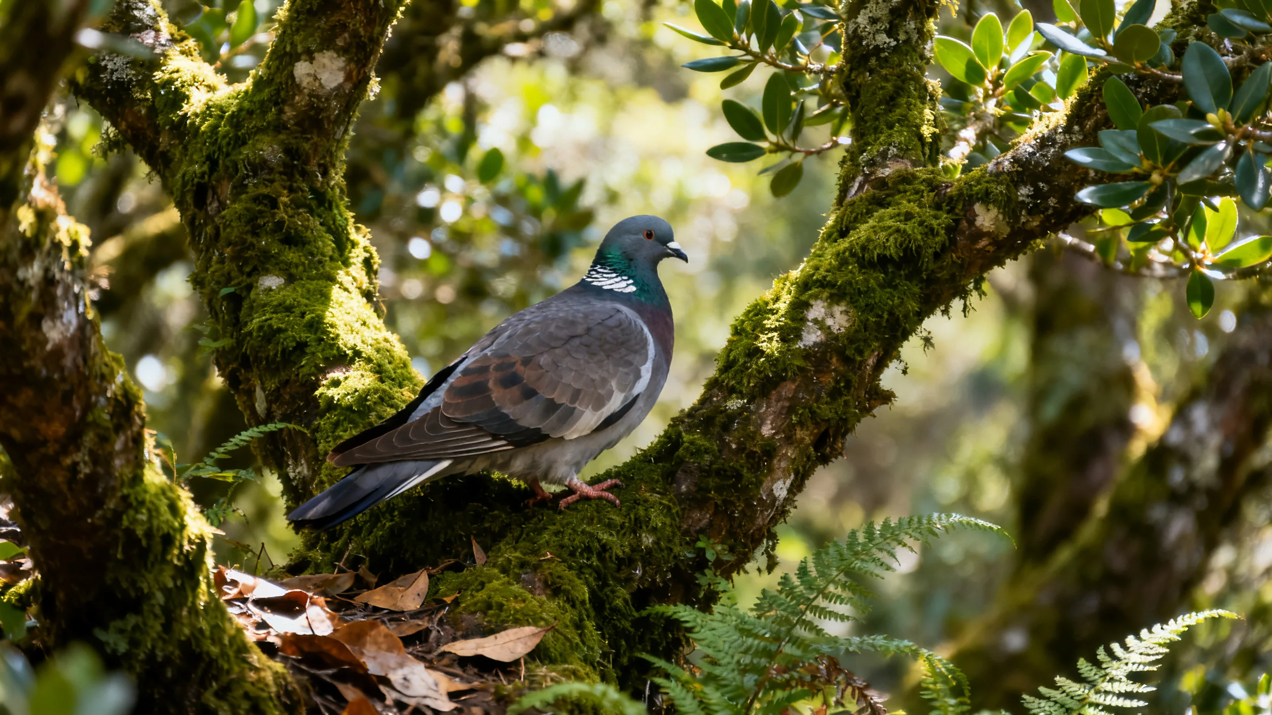 Eine Trocaztaube auf einem moosbewachsenen Lorbeerbaum im Lorbeerwald Madeiras