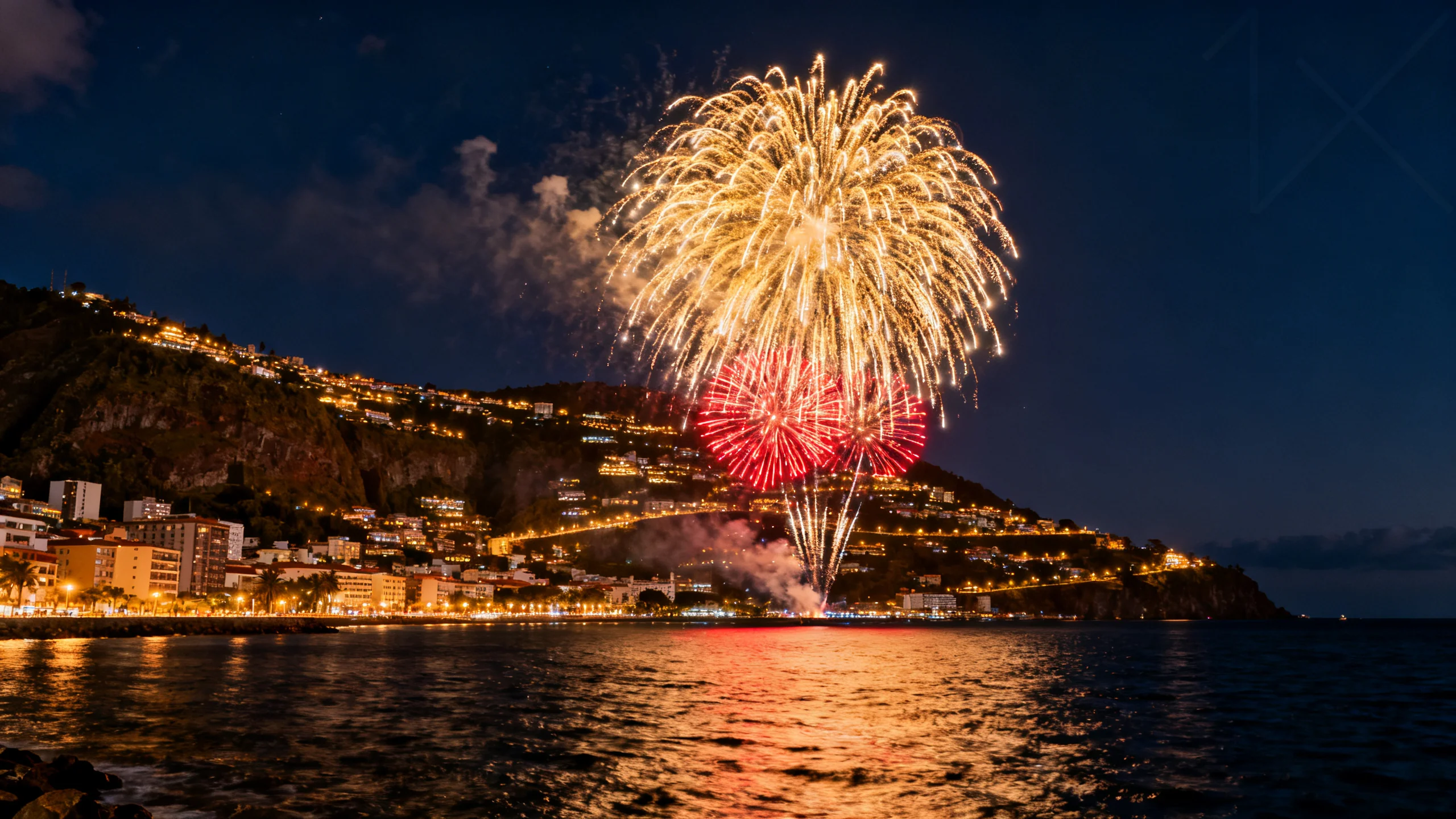 Feuerwerk über der Bucht von Funchal bei Nacht mit dem Amphitheater der Stadtlichter, die sich den Hang hinaufziehen