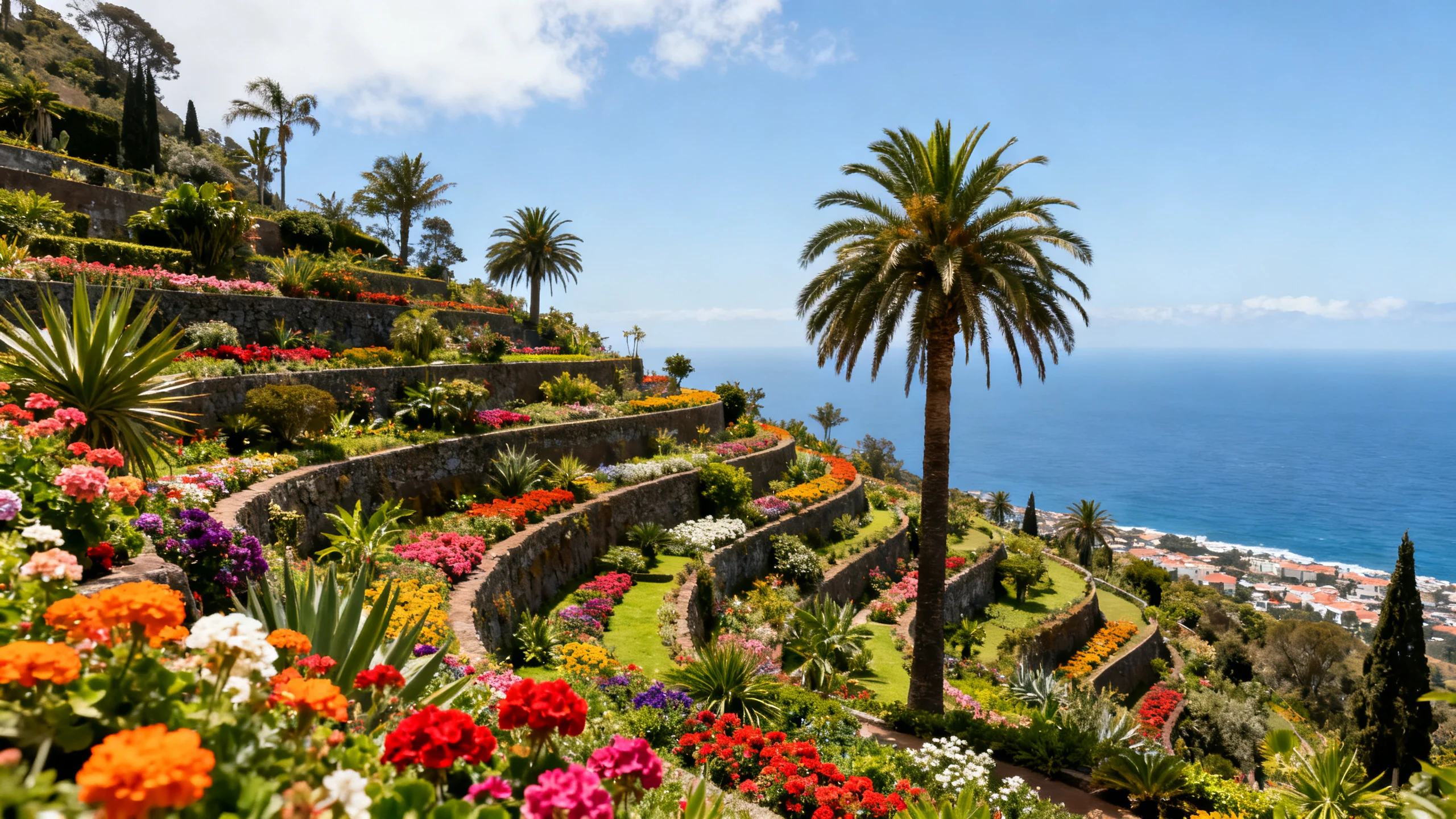 Terrassierter subtropischer Garten an einem Hang oberhalb von Funchal mit leuchtenden Blumen, Palmen und Blick auf den Atlantik