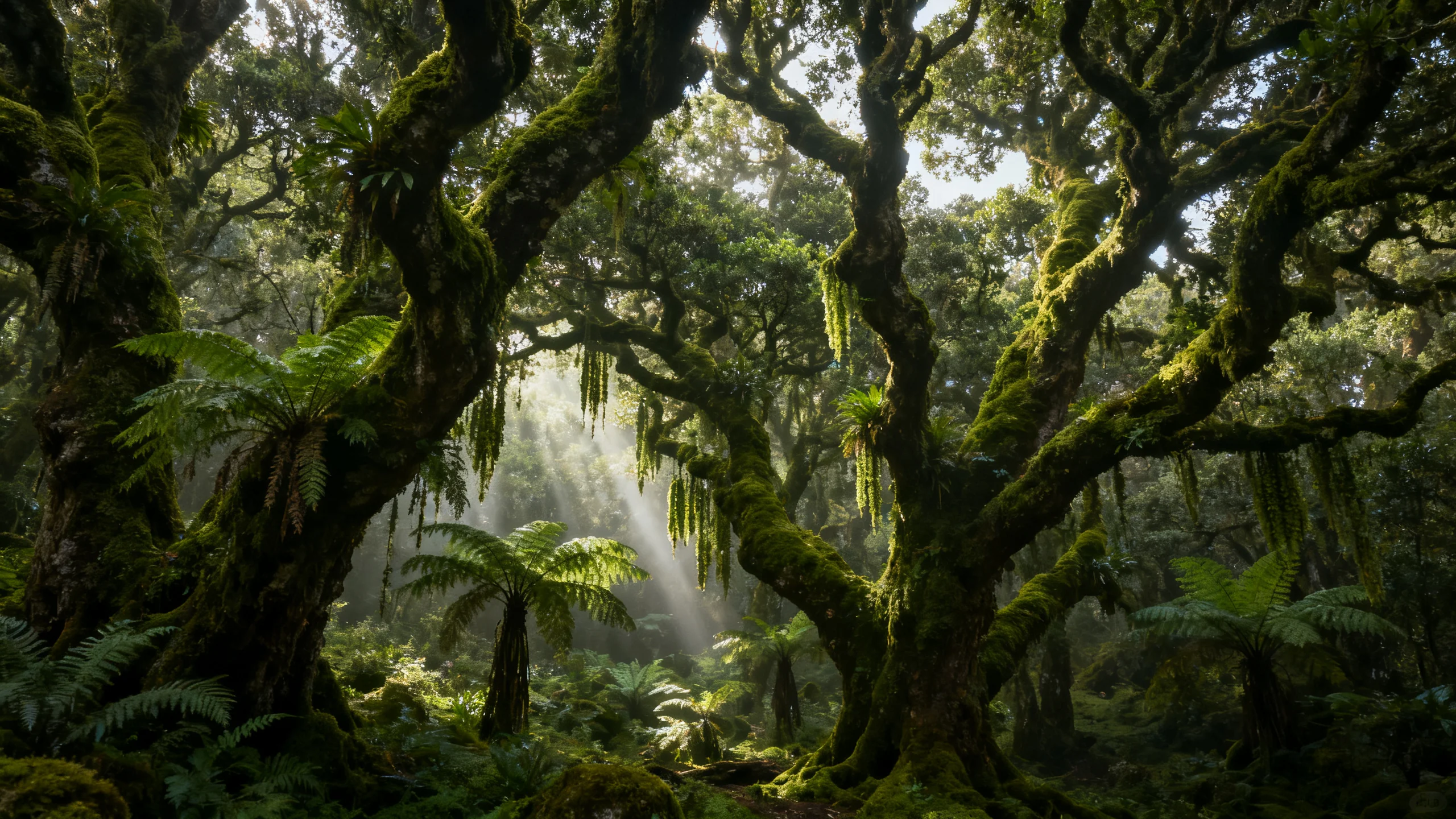 Luz solar filtrándose entre los laureles cubiertos de musgo del bosque de laurisilva en el centro de Madeira
