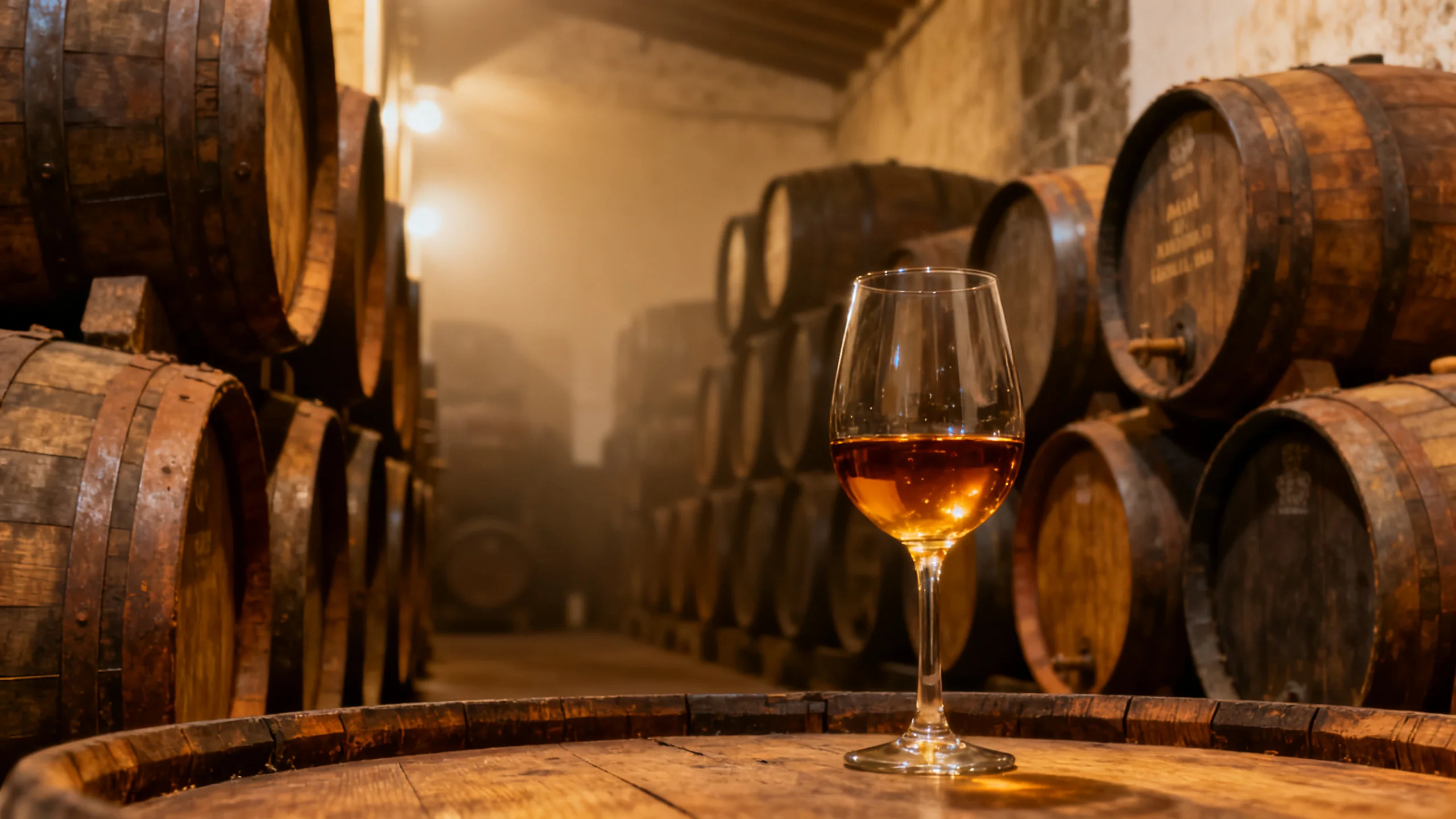 Barricas de madera envejecidas apiladas en una bodega de vino de Madeira cálida y tenue en Funchal, con una copa de vino fortificado ámbar en primer plano