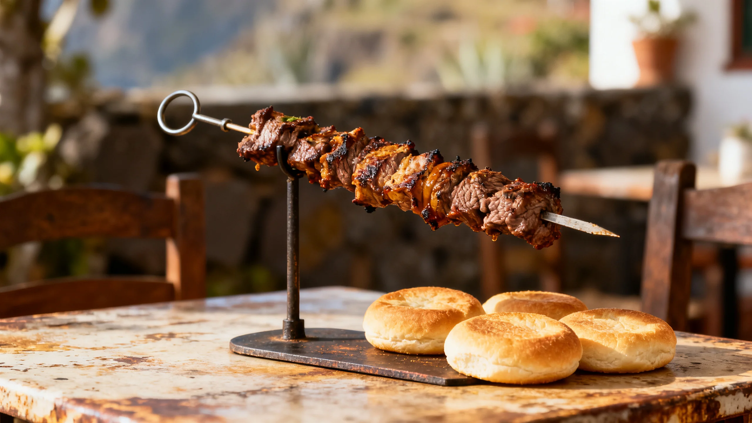 Ein Spieß mit gegrilltem Rindfleisch-Espetada auf einem Ständer neben runden Bolo-do-Caco-Broten auf einem rustikalen madeirischen Tisch